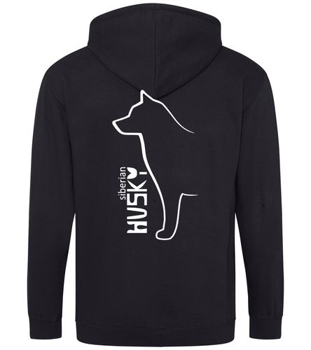 Unisex zipped hoodie featuring exclusive Siberian Husky artwork on the back and paw prints on the front, with a full-zip front, double-fabric hood, and cozy brushed fleece lining—ideal for Husky lovers seeking warmth and style.