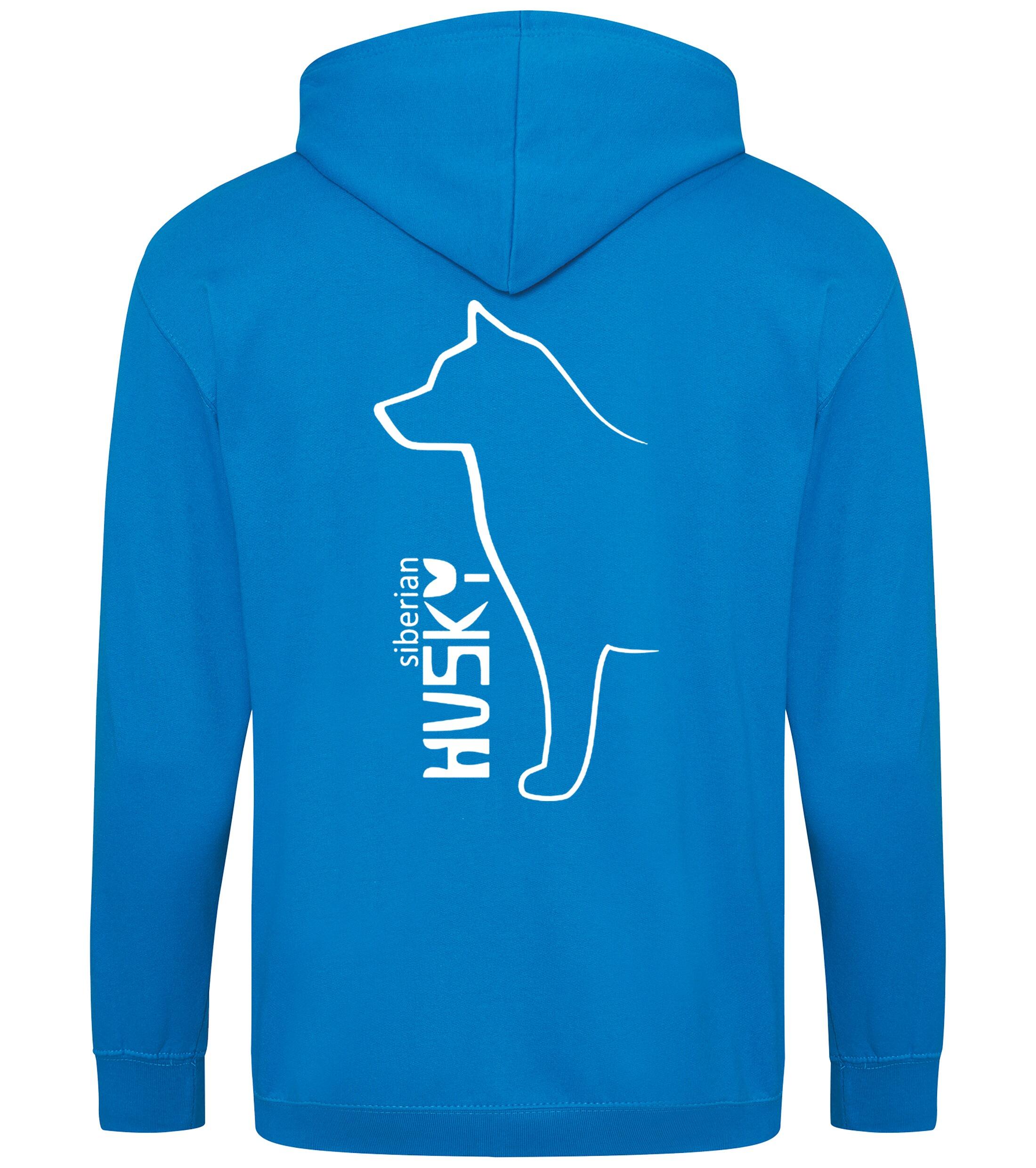 Unisex zipped hoodie featuring exclusive Siberian Husky artwork on the back and paw prints on the front, with a full-zip front, double-fabric hood, and cozy brushed fleece lining—ideal for Husky lovers seeking warmth and style.