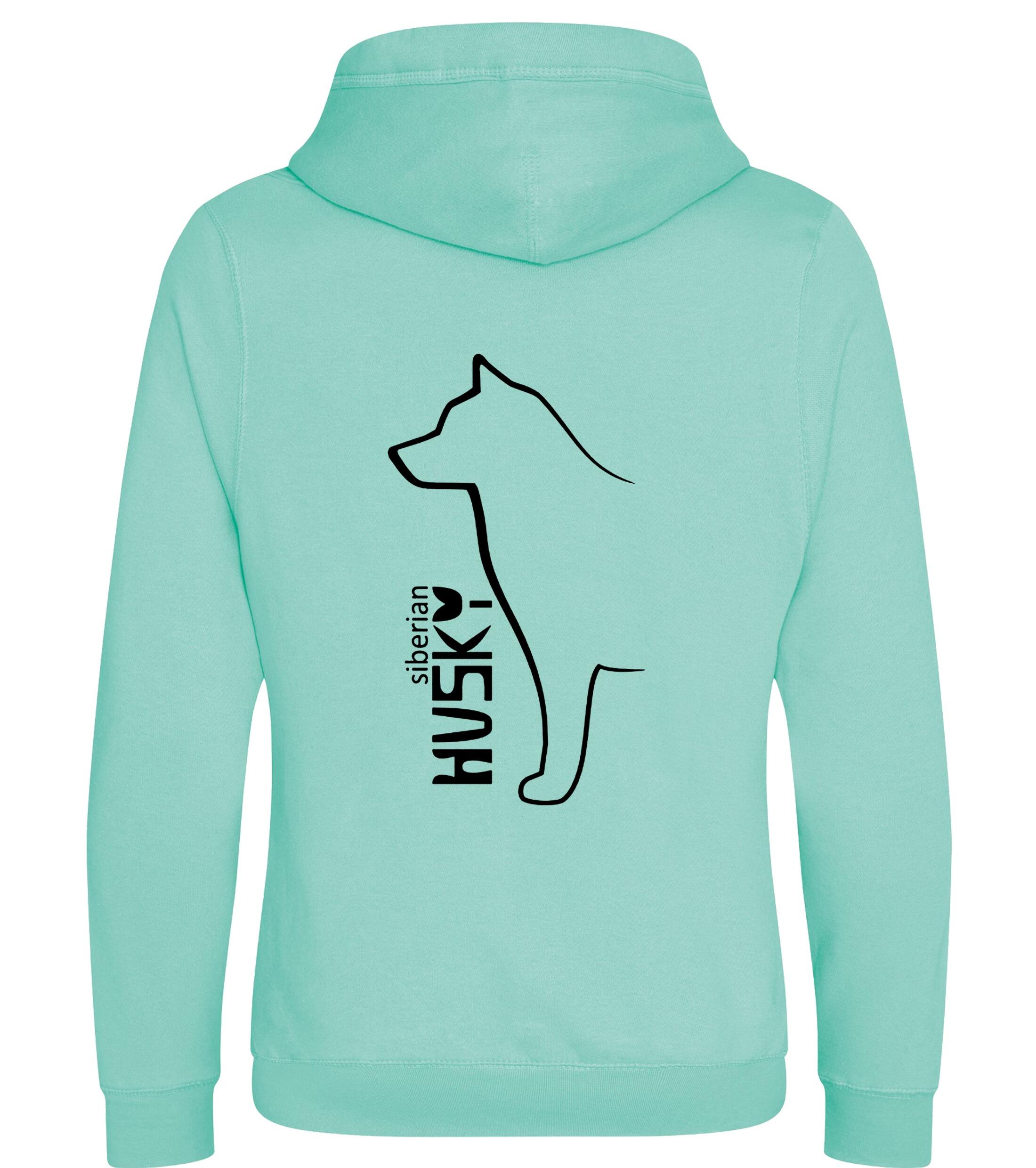Unisex crossneck pullover hoodie featuring detailed Siberian Husky artwork on the back, made from heavy-blend fleece with a kangaroo pocket and ribbed cuffs—ideal for Husky enthusiasts seeking warmth and style.