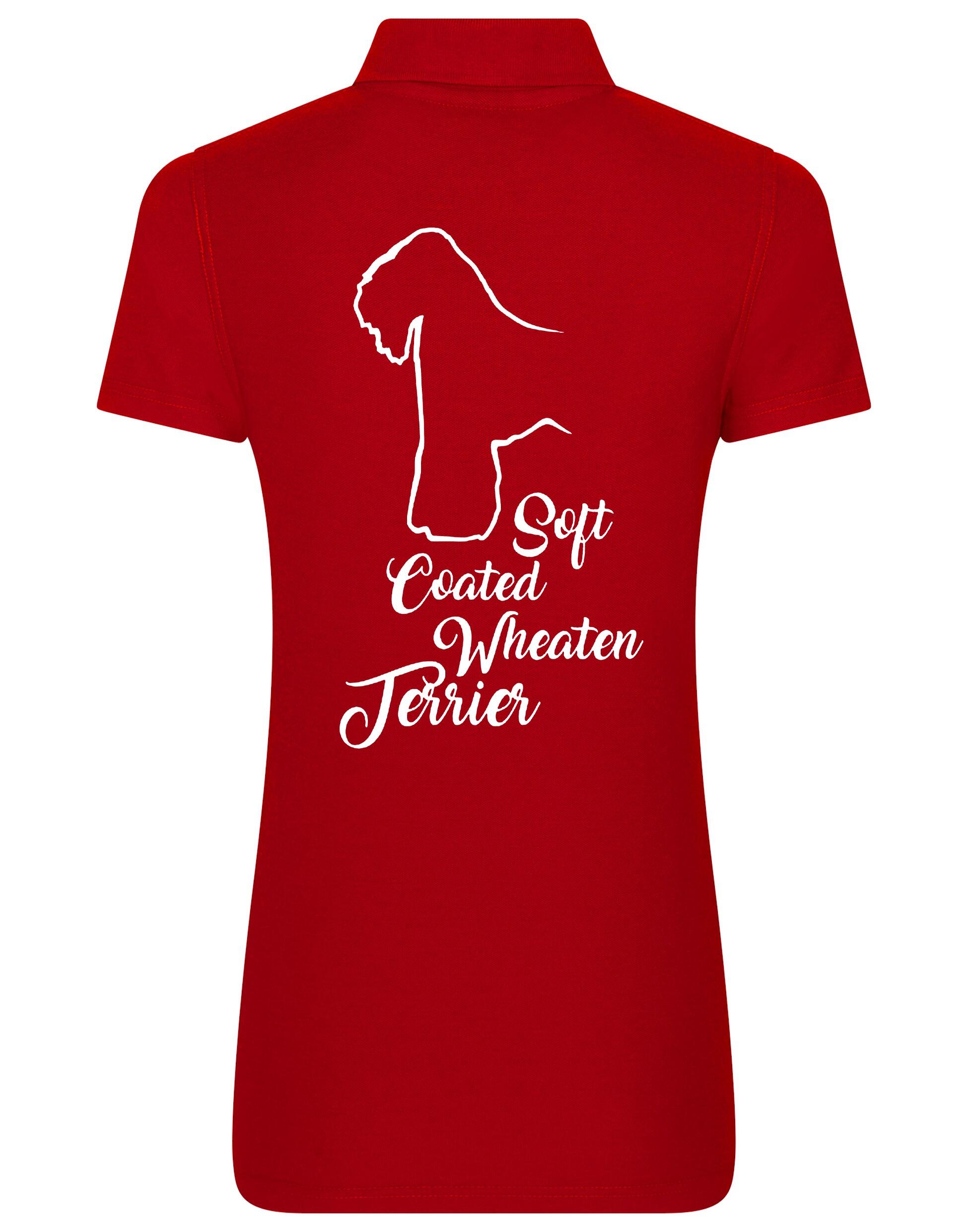 Women’s cotton polo shirt with Soft Coated Wheaten Terrier artwork on the back, breathable and flattering feminine fit