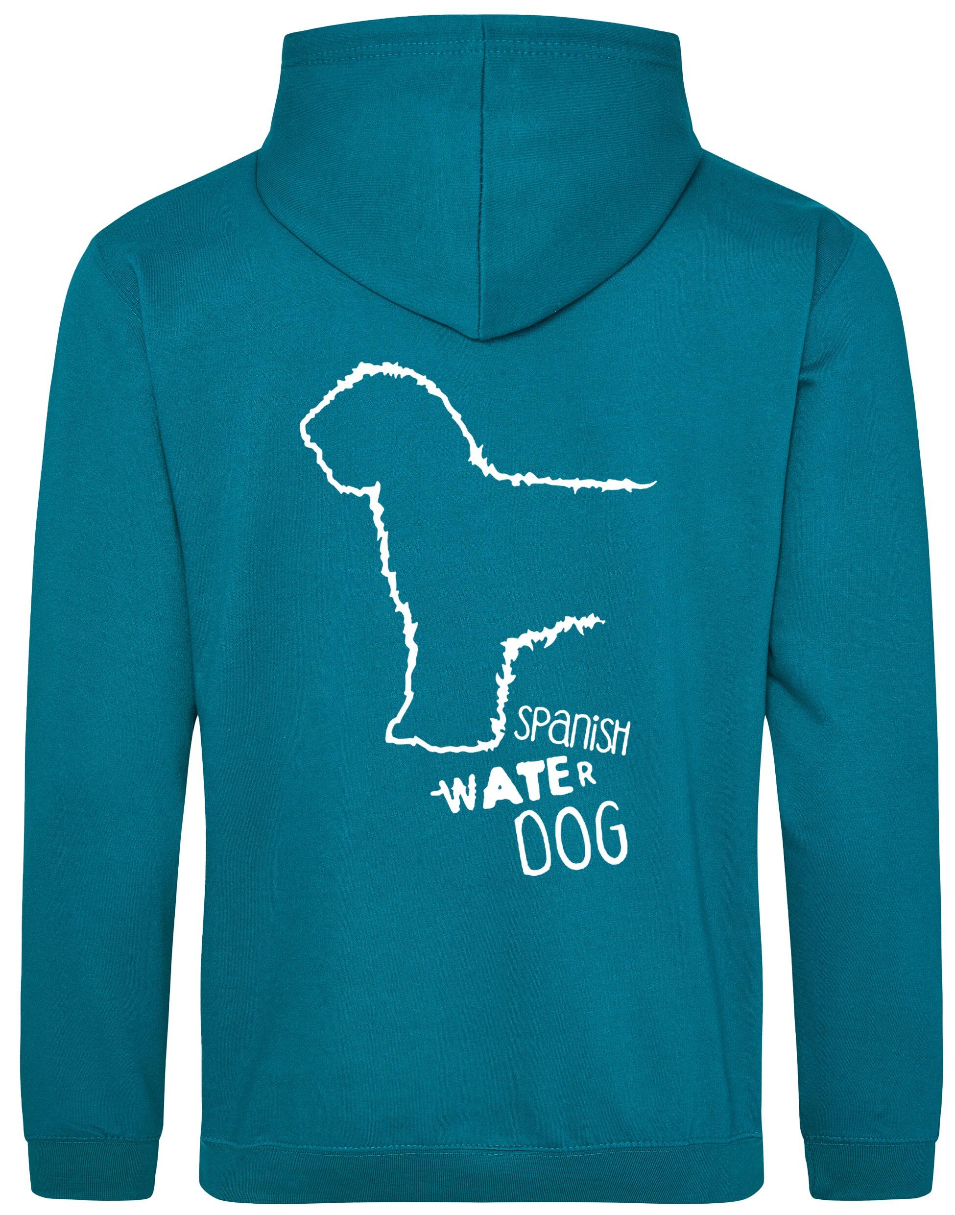 Pullover hoodie featuring Spanish Water Dog artwork on the back and paw prints on the front. Heavy-blend fabric with a brushed fleece interior, double-fabric hood, kangaroo pocket, and ribbed cuffs—ideal for cold weather, breed events, and casual comfort.