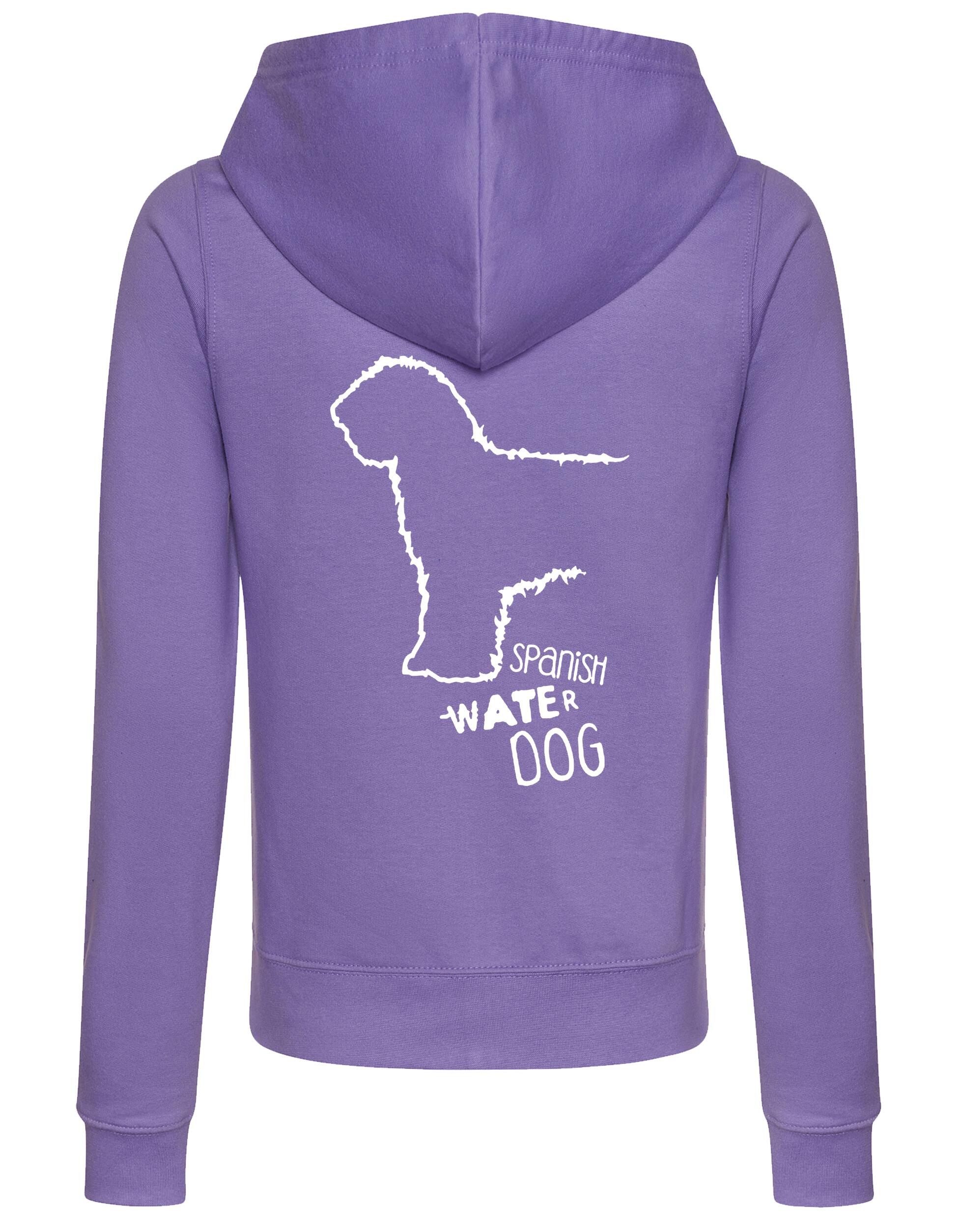 Women’s zipped hoodie featuring Spanish Water Dog artwork on the back. Lightweight, breathable fabric with a tailored feminine fit, cozy hood, and two front pockets. Ideal for casual wear, breed events, and everyday dog walks.