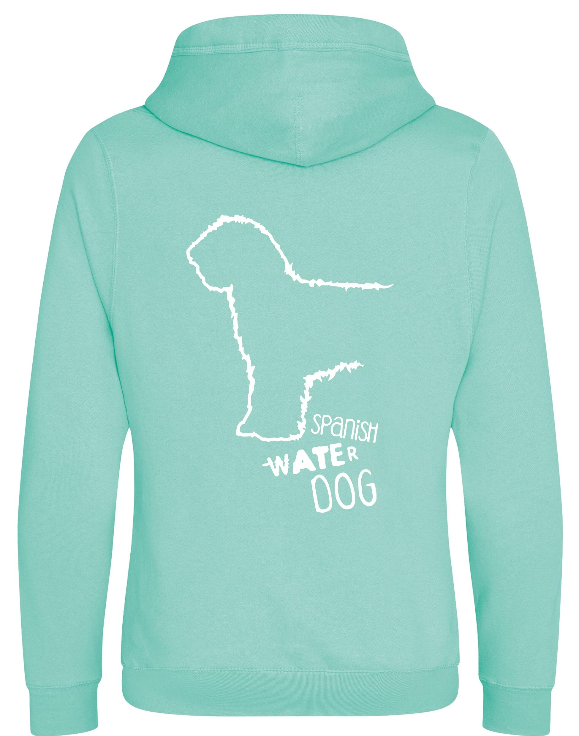 Unisex Crossneck Pullover Hoodie featuring exclusive Spanish Water Dog artwork on the back. Made from heavyweight fleece with a brushed interior, modern crossneck design, kangaroo pocket, and ribbed cuffs—ideal for stylish dog lovers.
