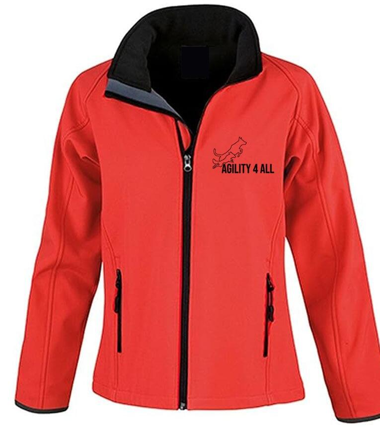 Agility 4 All Official Clothing - Red/Black Female Softshell Jacket Front Image - Black Printed Logo