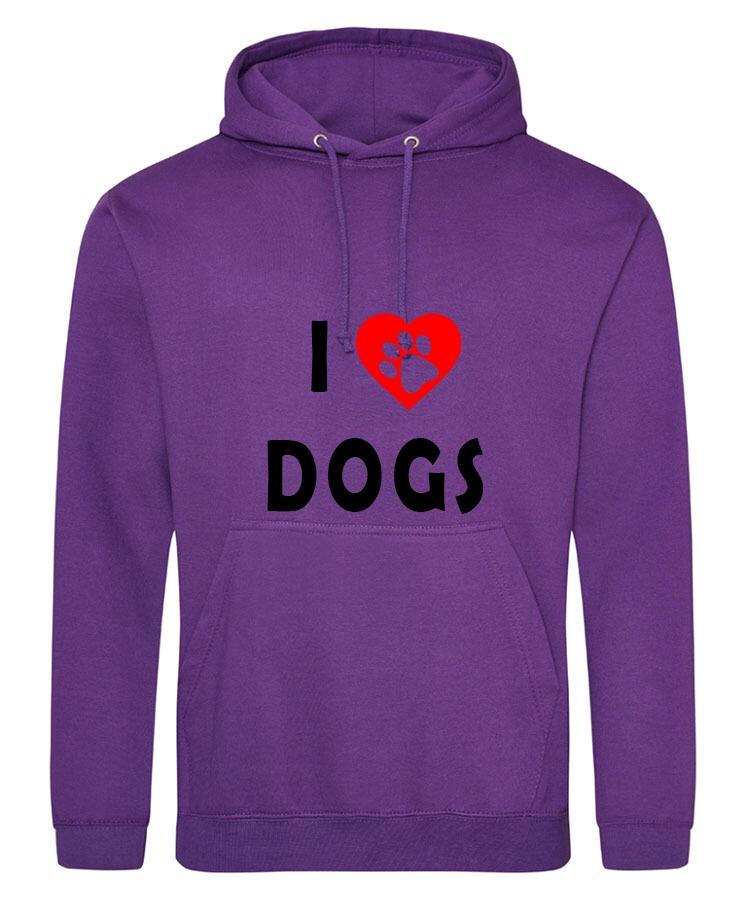 I Heart Dogs Design on a Purple Pullover Hoodie Black Print