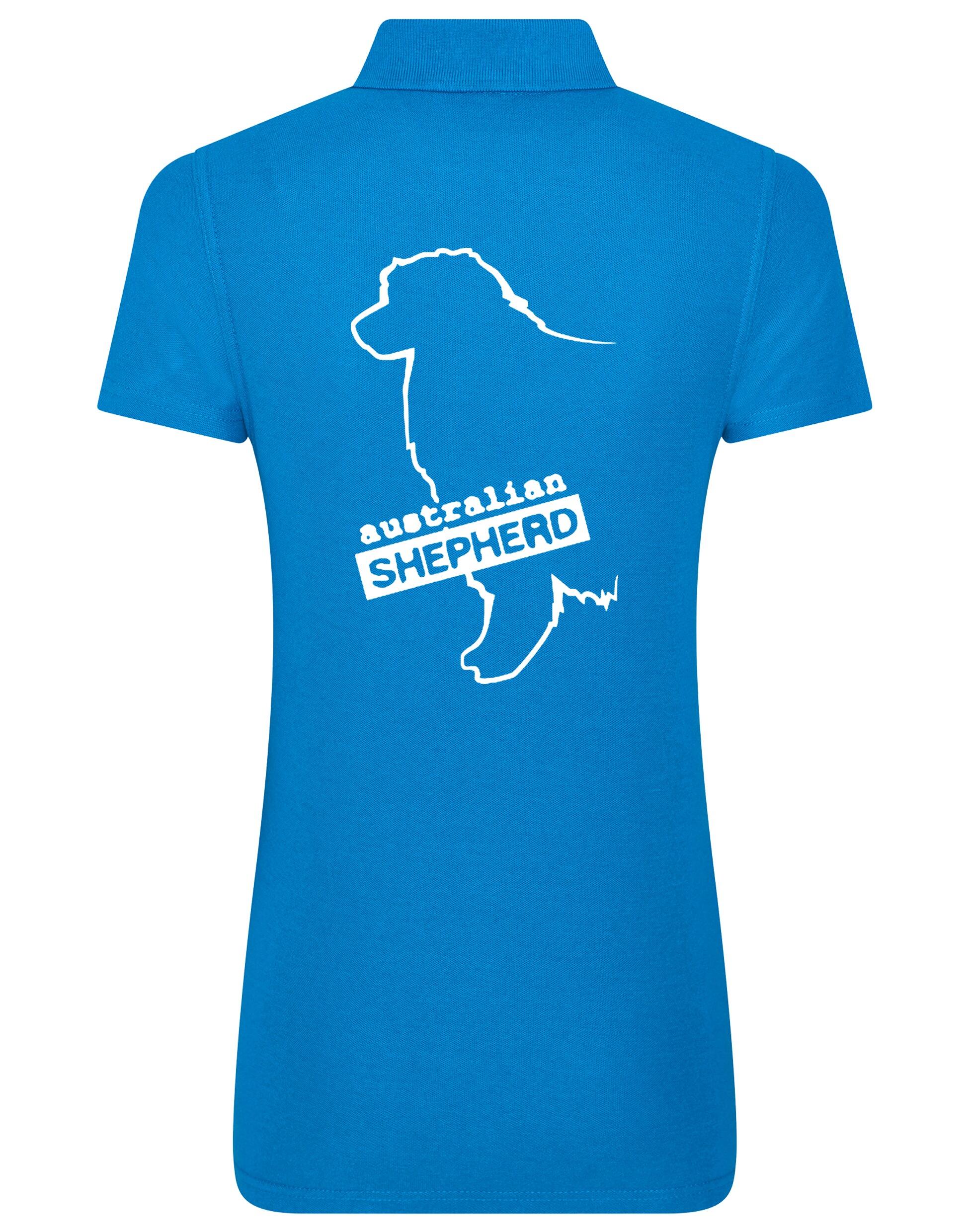 Female Australian Shepherd Polo Shirt Sapphire Blue (White)