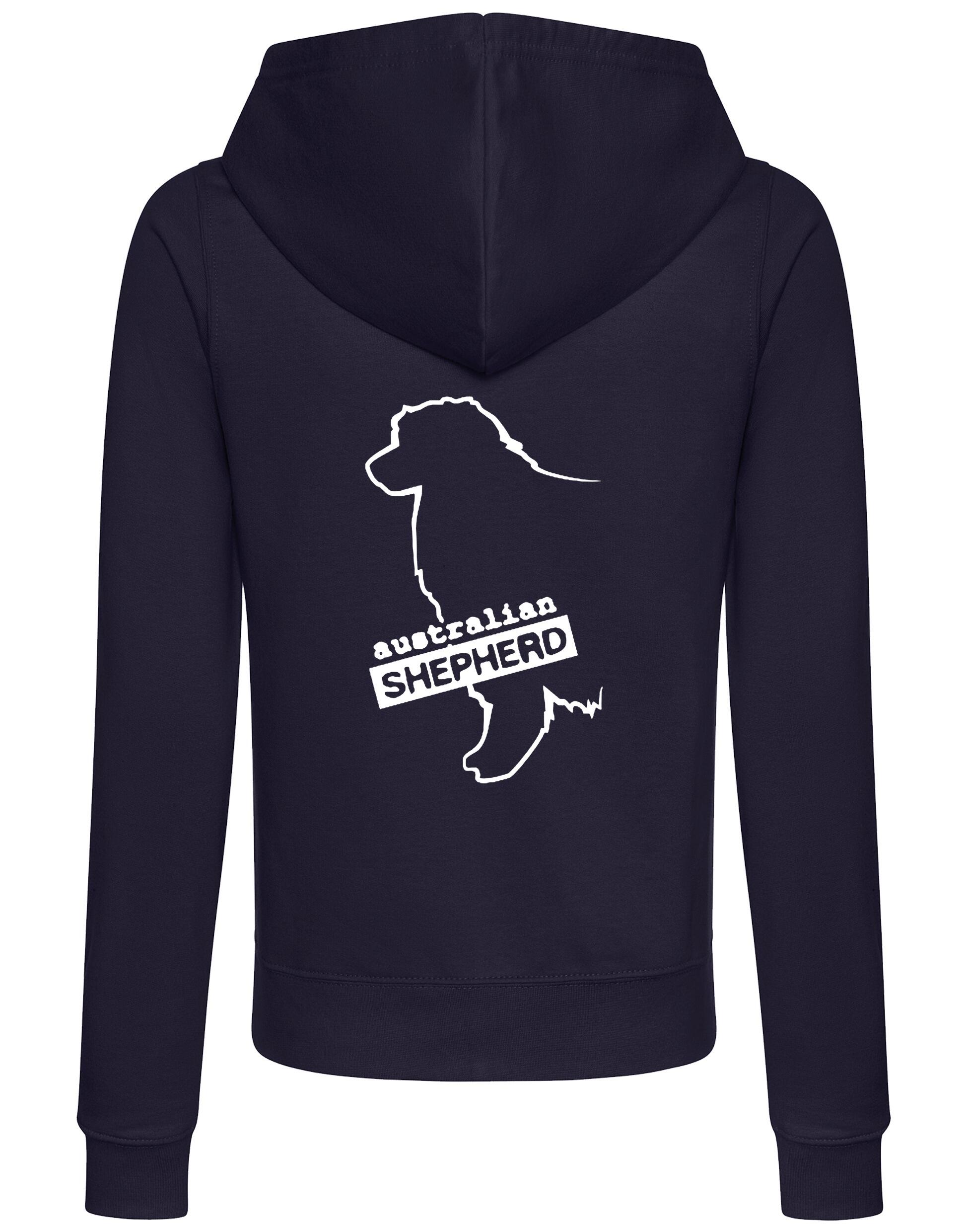 Female Australian Shepherd Zipped Hoodie French Navy (White)