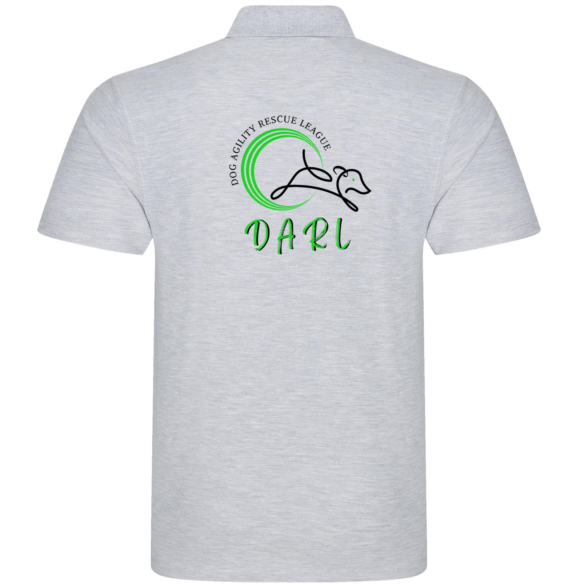 DARL Unisex Polo Shirt in heather grey, featuring the iconic logo, designed for a comfortable fit and supporting the Dog Agility Rescue League.