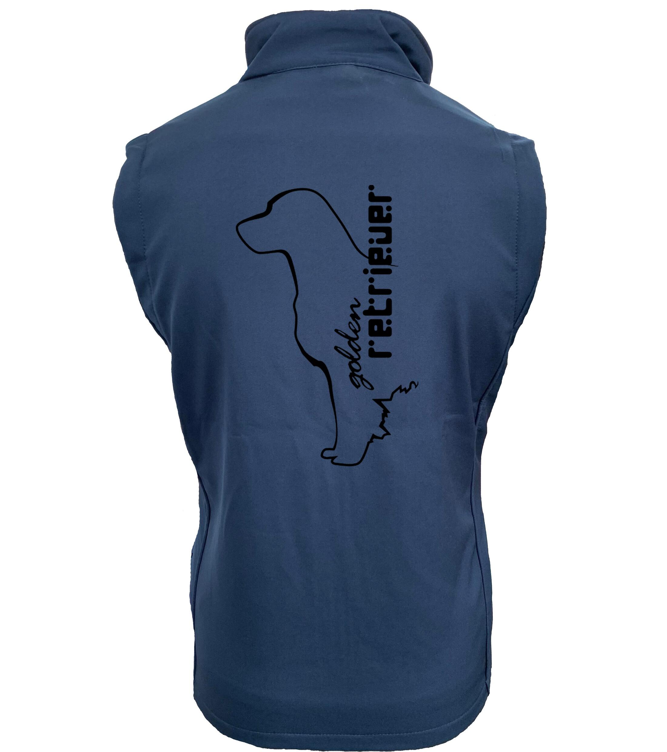 Women’s Softshell Gilet featuring an exclusive Golden Retriever design, crafted from water-resistant fabric with a tailored fit, offering style, comfort, and customization options for dog lovers.