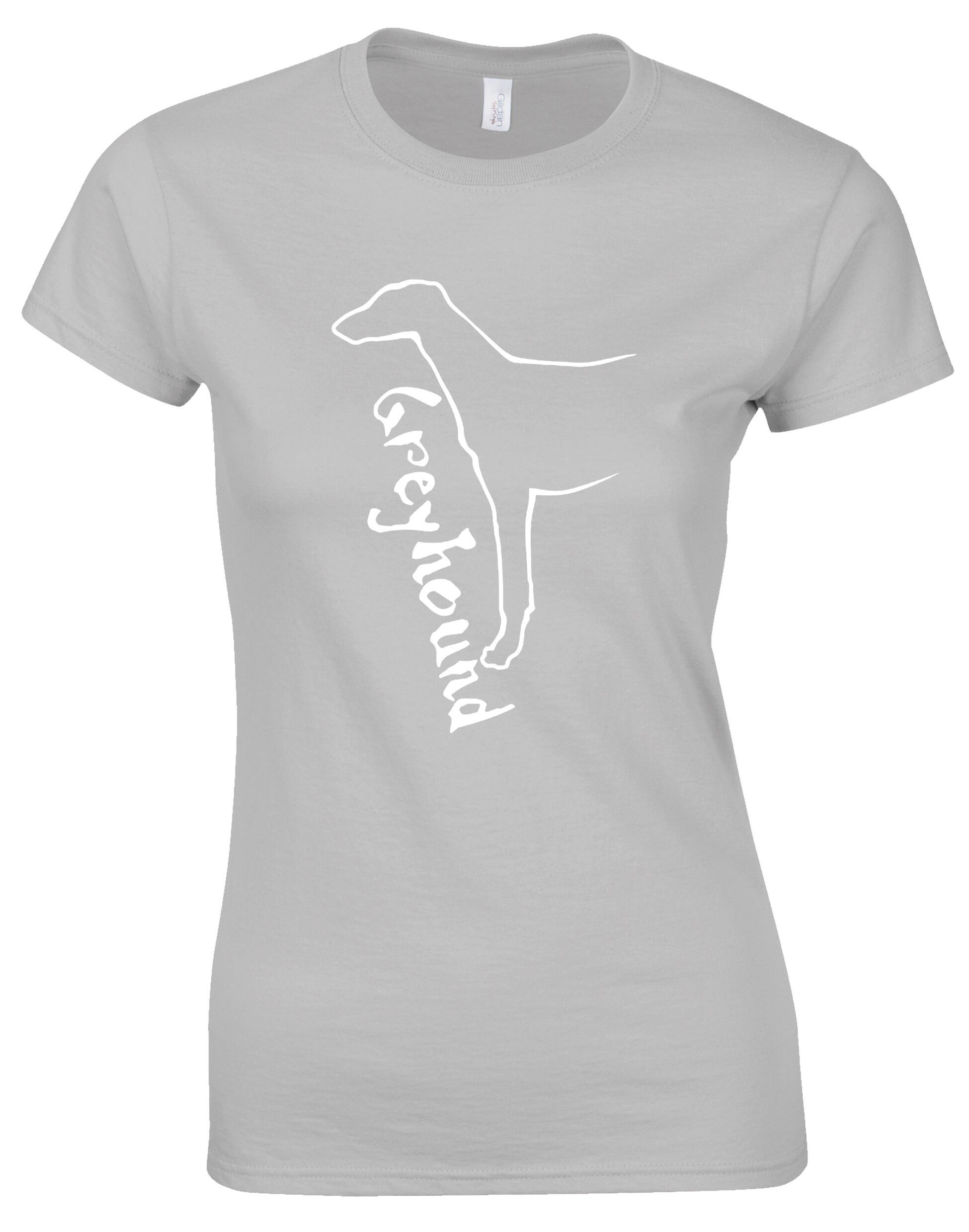 Female Greyhound roundneck T-shirt with exclusive breed graphic, soft cotton fabric, and tailored feminine fit, perfect for dog lovers.