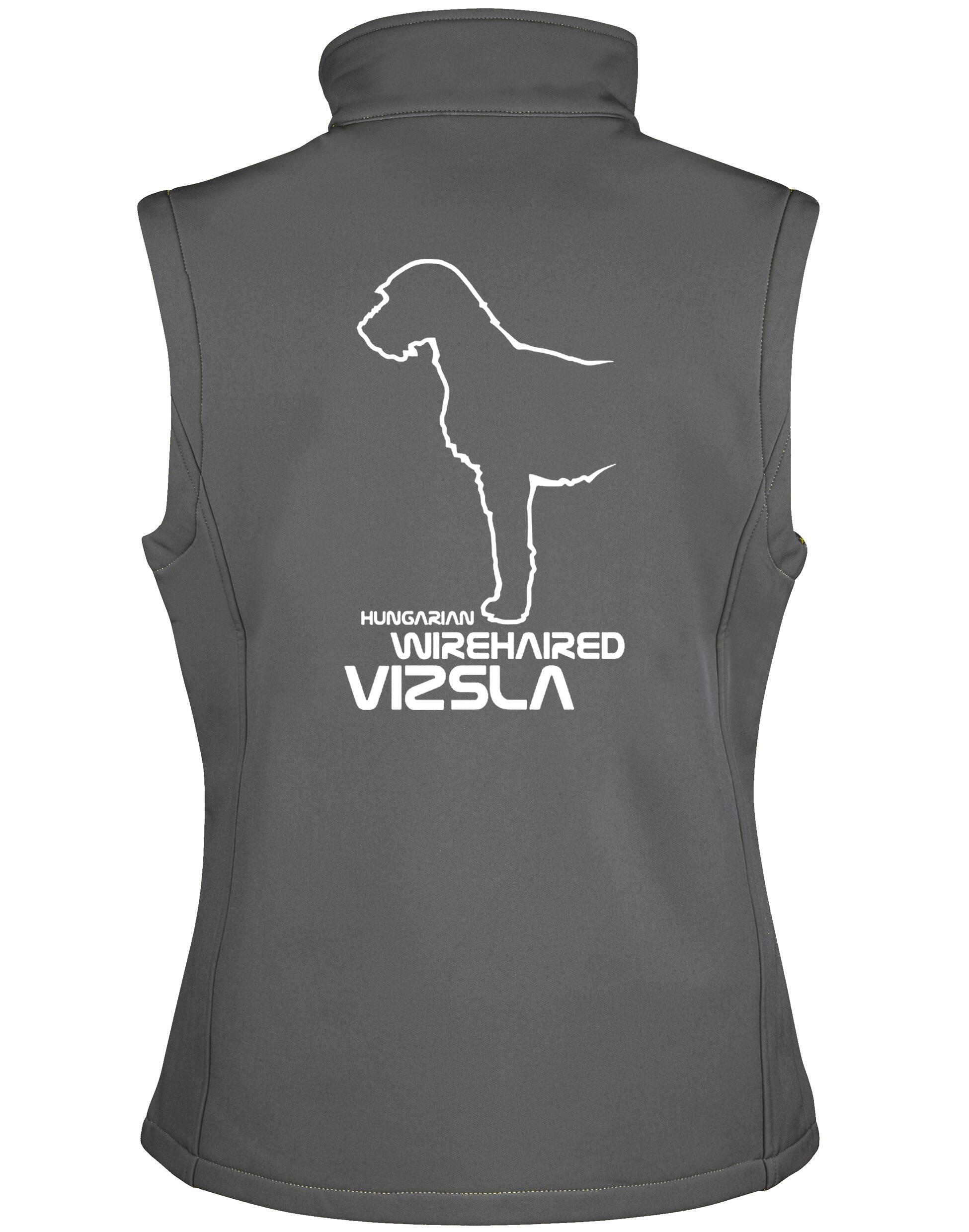 Women's softshell jacket featuring Hungarian Wirehaired Vizsla breed artwork – water-resistant, fleece-lined, perfect for outdoor activities and dog events.