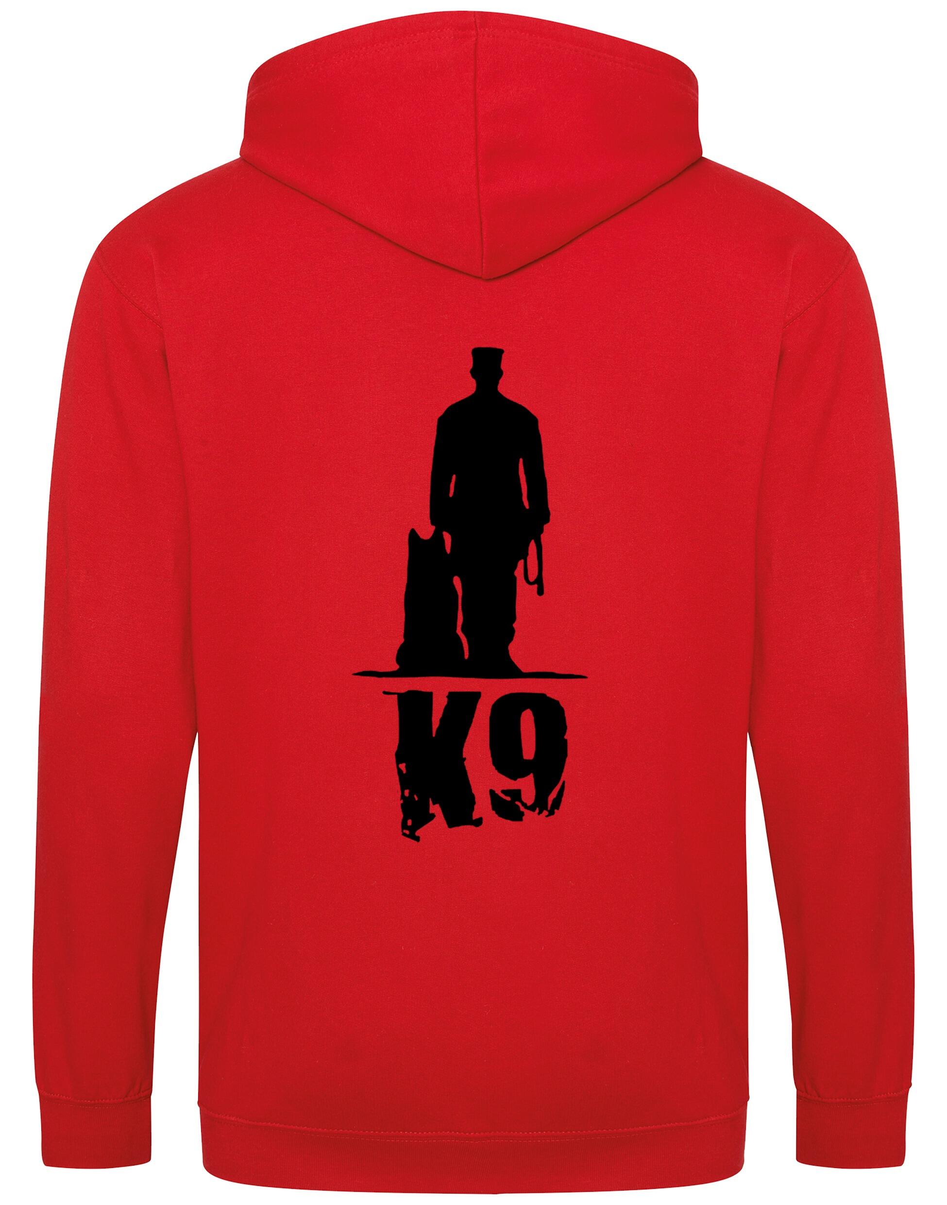 K9 zipped hoodie with exclusive artwork, full-zip closure, double-fabric hood, and spacious pockets, offering warmth, style, and comfort for dog enthusiasts.