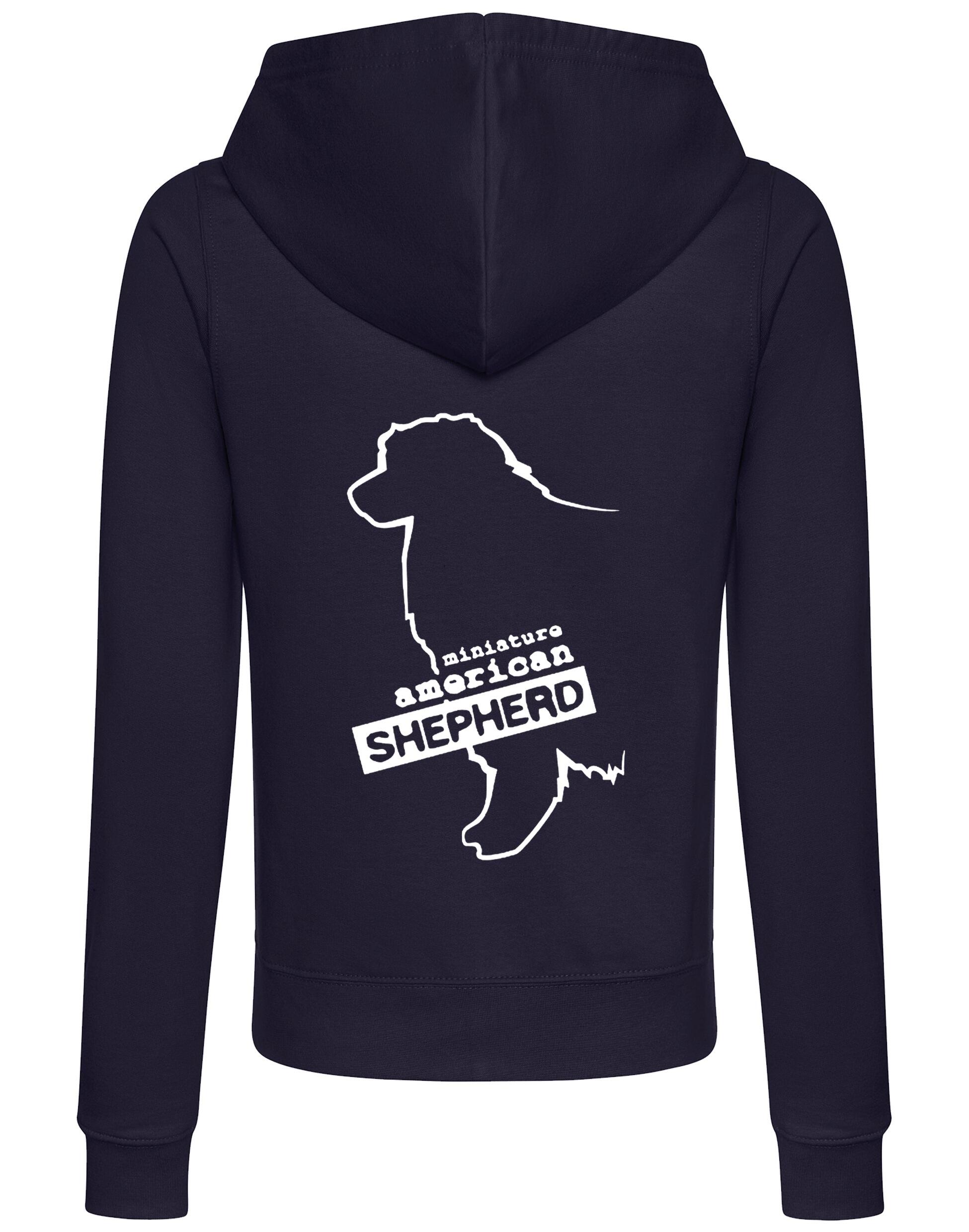 Miniature American Shepherd Women’s Zipped Hoodie with exclusive breed artwork, cozy hood, and practical front pockets.
