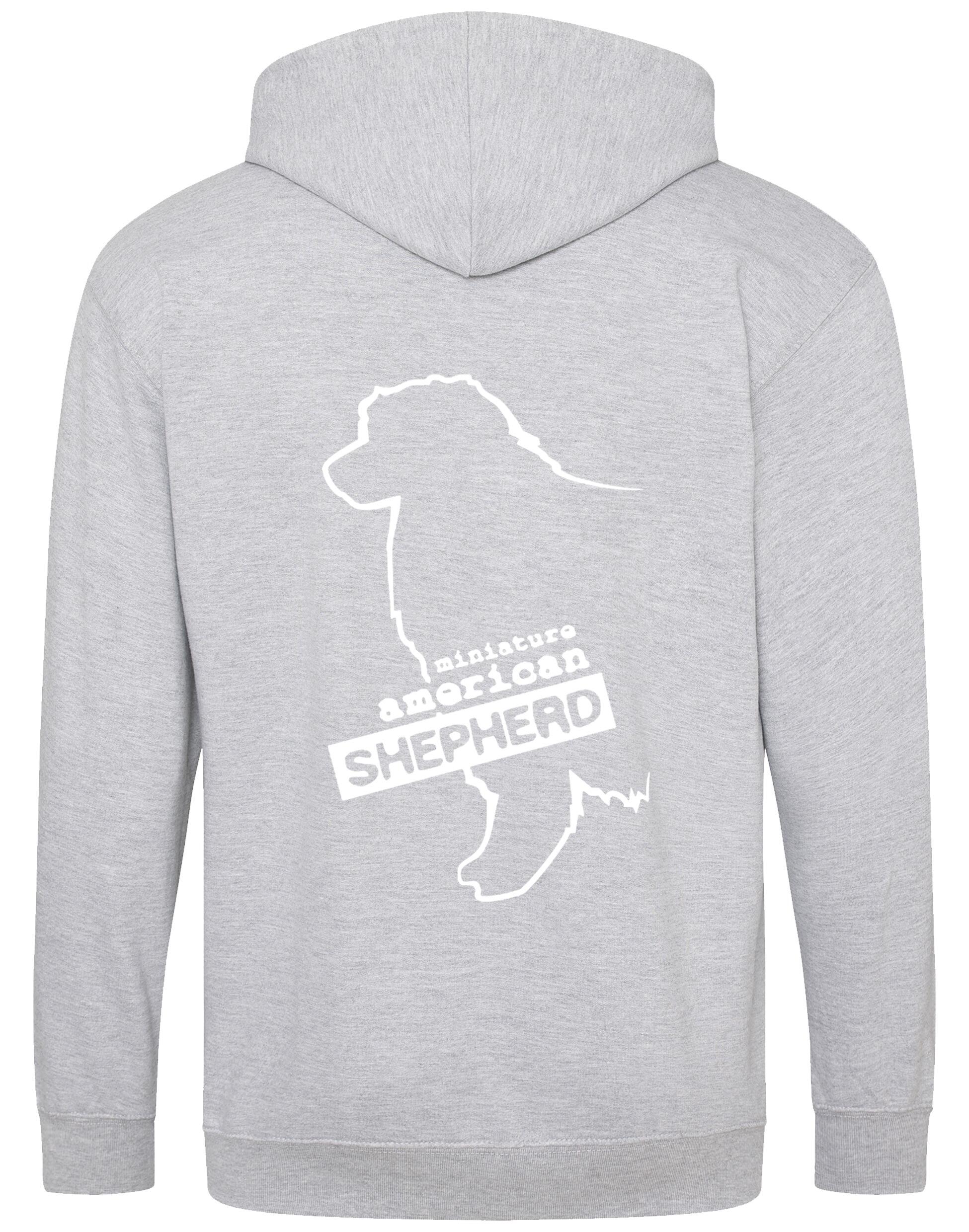 Miniature American Shepherd Zipped Hoodie featuring exclusive breed artwork, cozy fleece lining, and spacious front pockets.