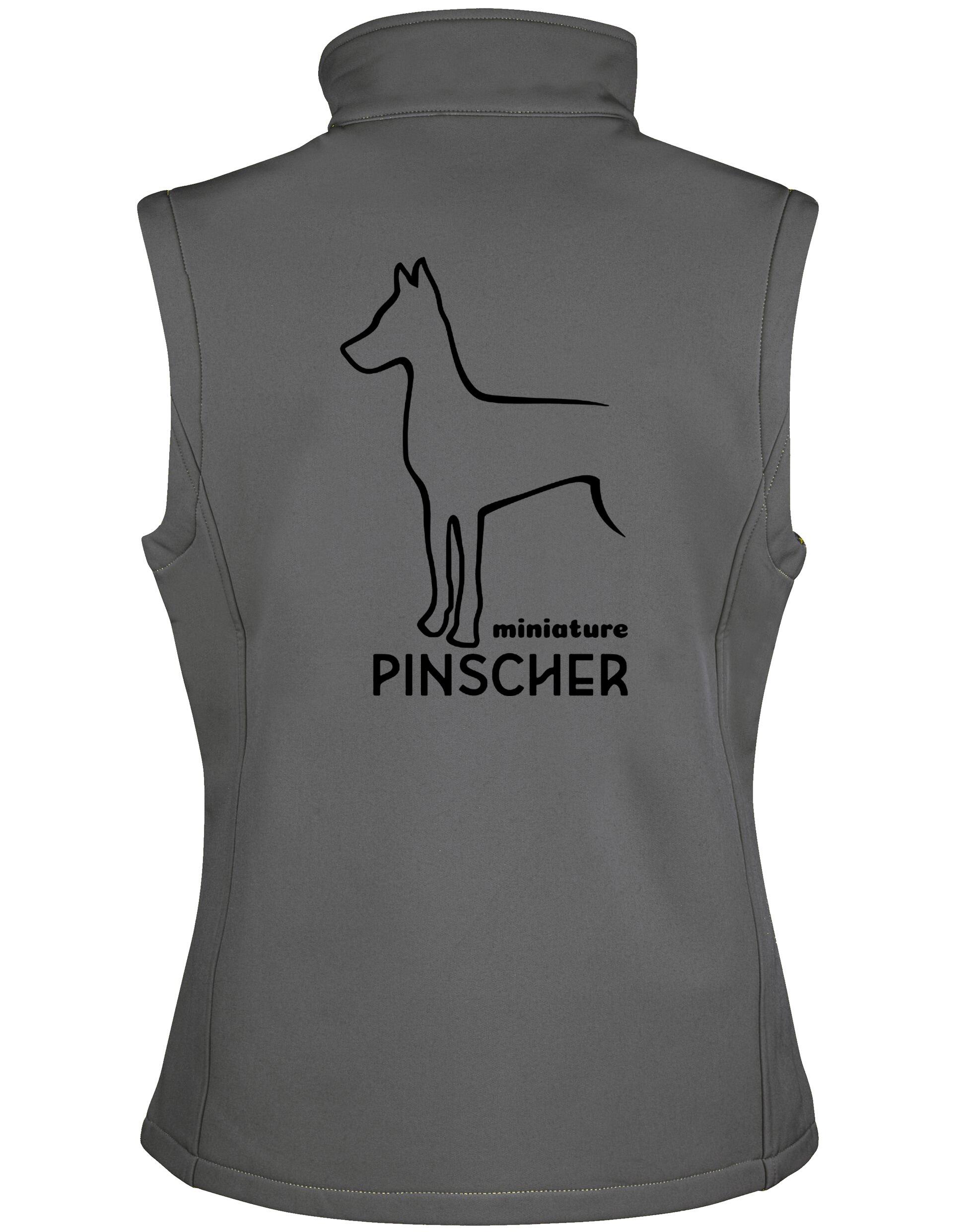 Miniature Pinscher Women’s Softshell Gilet with water-resistant fabric, fleece lining, and exclusive breed artwork for stylish outdoor comfort.