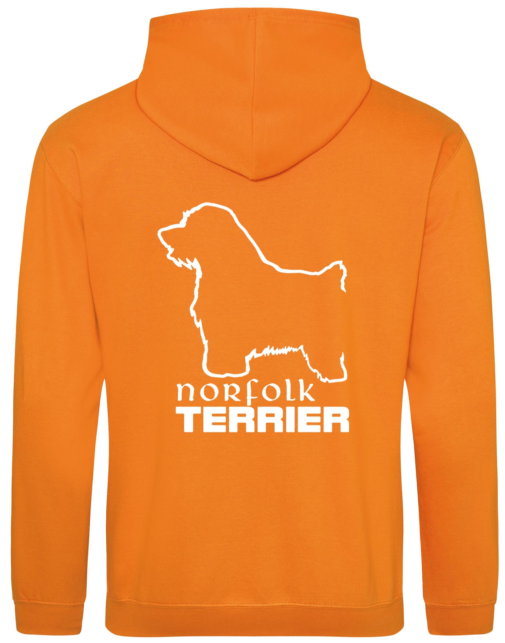 Norfolk Terrier Pullover Hoodie featuring exclusive breed artwork on the back, heavy-blend fabric with brushed fleece interior, and kangaroo pocket for warmth and comfort. A stylish and practical choice for Norfolk Terrier lovers.