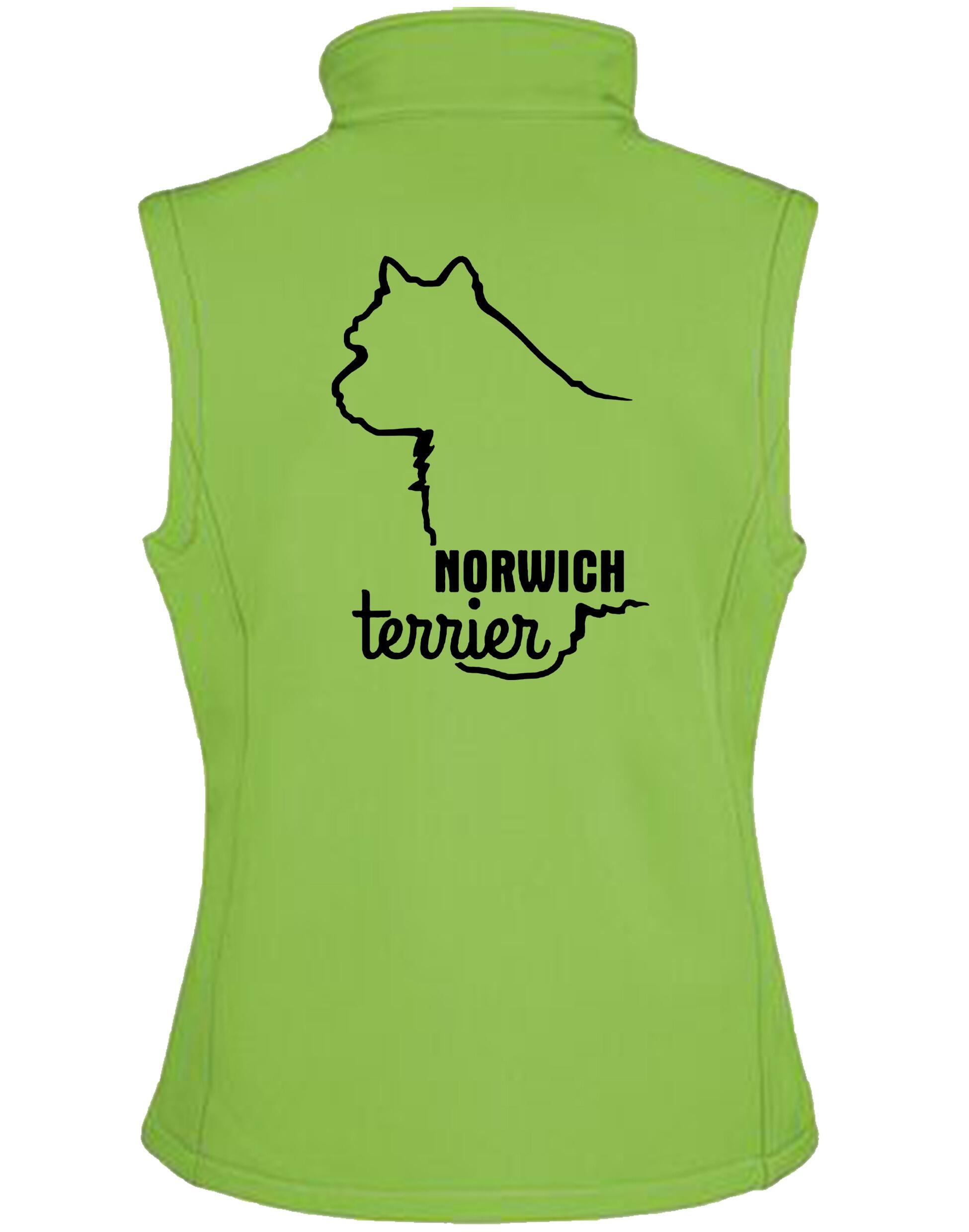 Norwich Terrier Women’s Softshell Gilet featuring exclusive breed artwork, water-resistant fabric, fleece lining, and a tailored feminine fit. Perfect for dog shows, countryside walks, and everyday wear for Norwich Terrier owners.