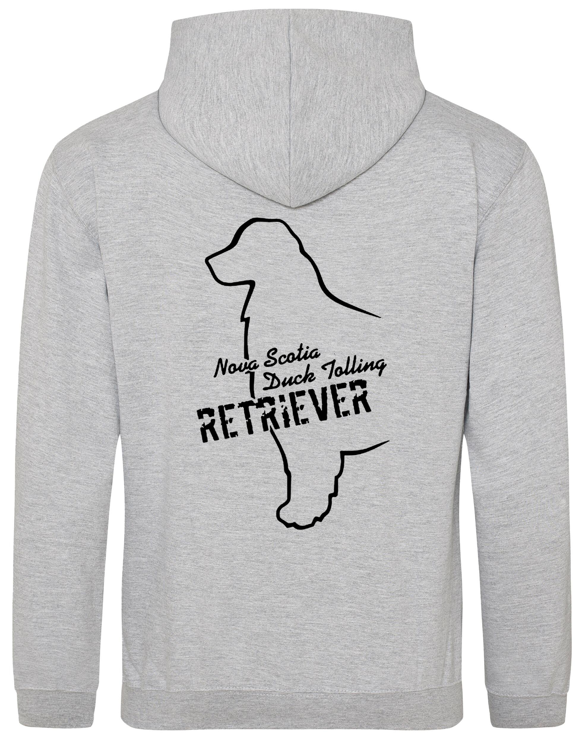 Soft fleece-lined Nova Scotia Duck Tolling Retriever pullover hoodie featuring a detailed breed design on the back. Includes a kangaroo pouch pocket, ribbed cuffs, and a double-fabric hood. Perfect for breed enthusiasts, casual wear, and outdoor adventures.