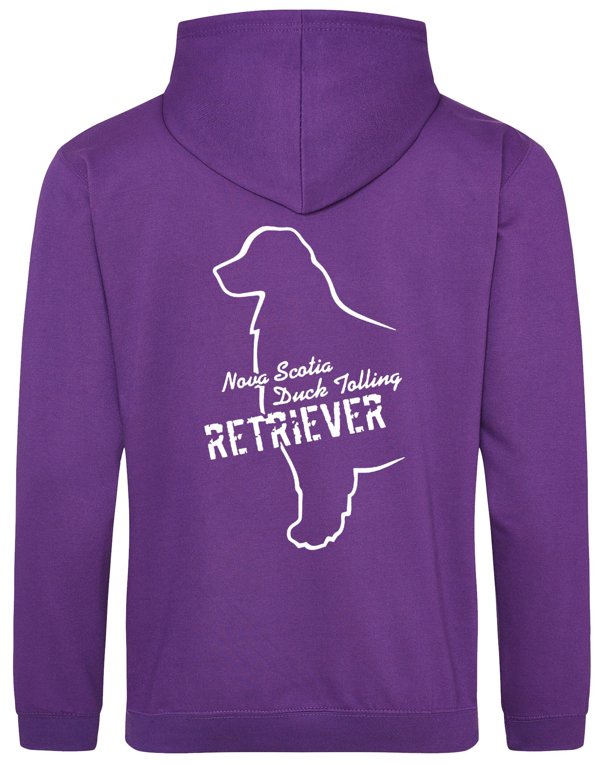 Soft fleece-lined Nova Scotia Duck Tolling Retriever pullover hoodie featuring a detailed breed design on the back. Includes a kangaroo pouch pocket, ribbed cuffs, and a double-fabric hood. Perfect for breed enthusiasts, casual wear, and outdoor adventures.