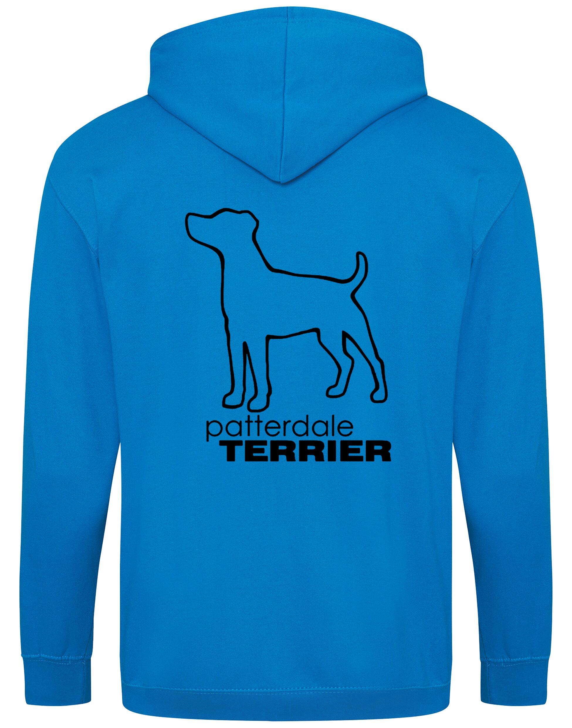 Patterdale Terrier Zipped Hoodie – high-quality, heavy-blend hoodie with an exclusive breed design, featuring a fleece-lined interior, front pockets, a full-zip closure, and a cozy double-fabric hood for ultimate comfort.