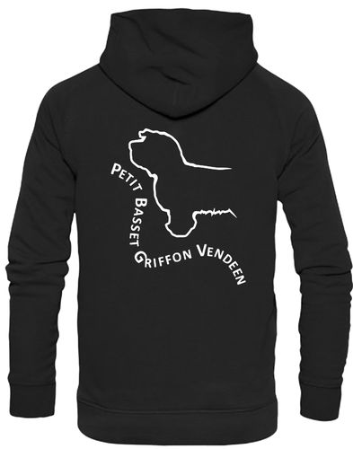 Petit Basset Griffon Vendéen Pullover Hoodie – warm fleece-lined hoodie featuring exclusive breed artwork, personalization options, a kangaroo pouch pocket, ribbed cuffs, and a double-fabric hood.