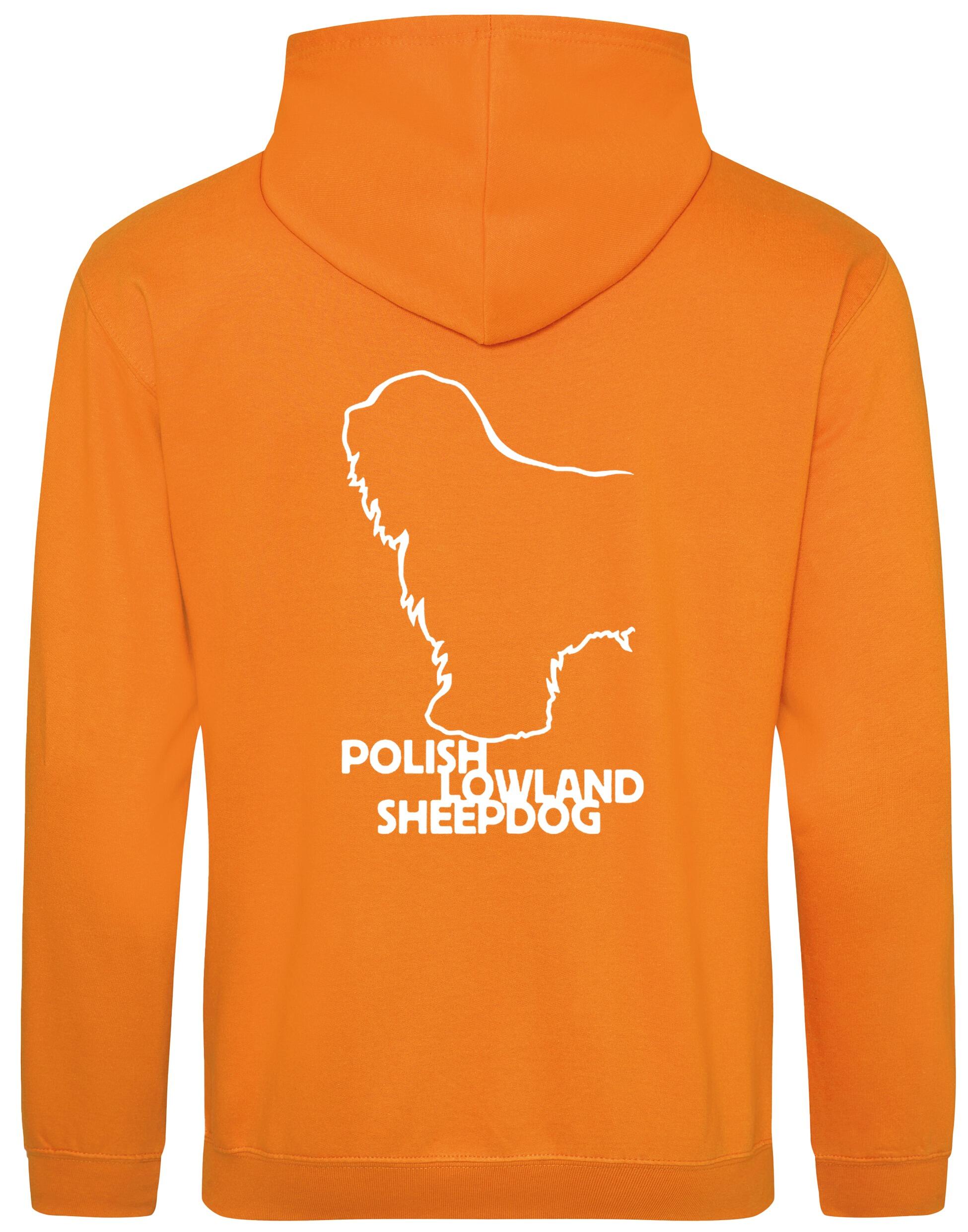 Polish Lowland Sheepdog Pullover Hoodie featuring exclusive breed artwork, heavy-blend fleece lining, kangaroo pocket, and a double-fabric hood for warmth and style.