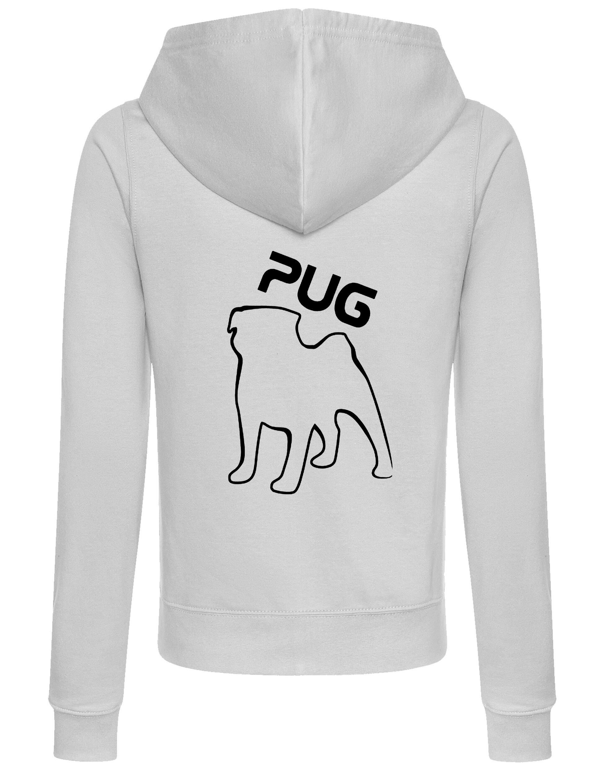 Women's Pug (Outline) Zipped Hoodie featuring exclusive outline artwork, crafted from premium breathable fabric with a cozy hood and practical front pockets for stylish, versatile comfort.