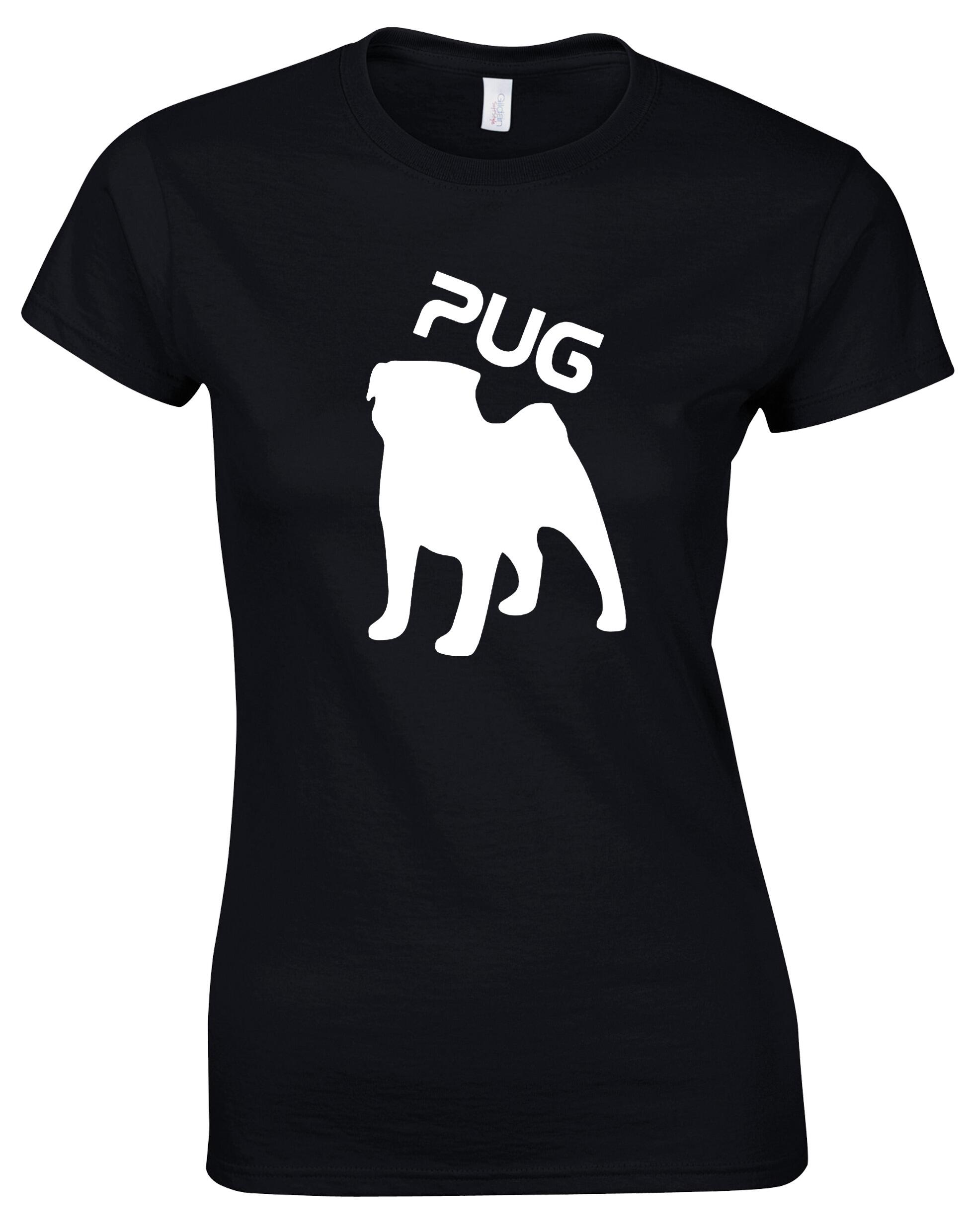 Female Roundneck T-shirt featuring an exclusive Pug (Silhouette) design, crafted from premium breathable cotton for all-day comfort and a flattering feminine fit, perfect for Pug enthusiasts.
