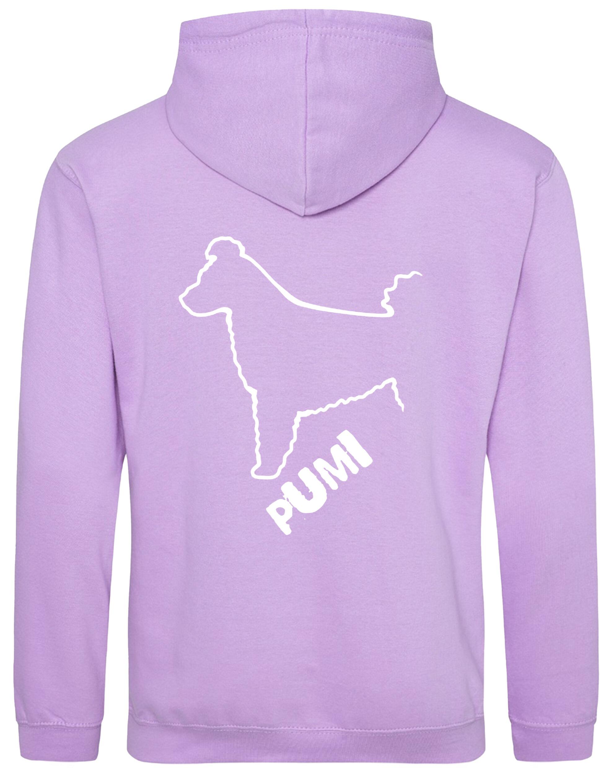 Unisex Hungarian Pumi Design Pullover Hoodie featuring exclusive breed artwork with personalization options, crafted from premium heavy-blend fabric with a cozy brushed fleece interior, ribbed cuffs, and a double-fabric hood for stylish, lasting comfort.