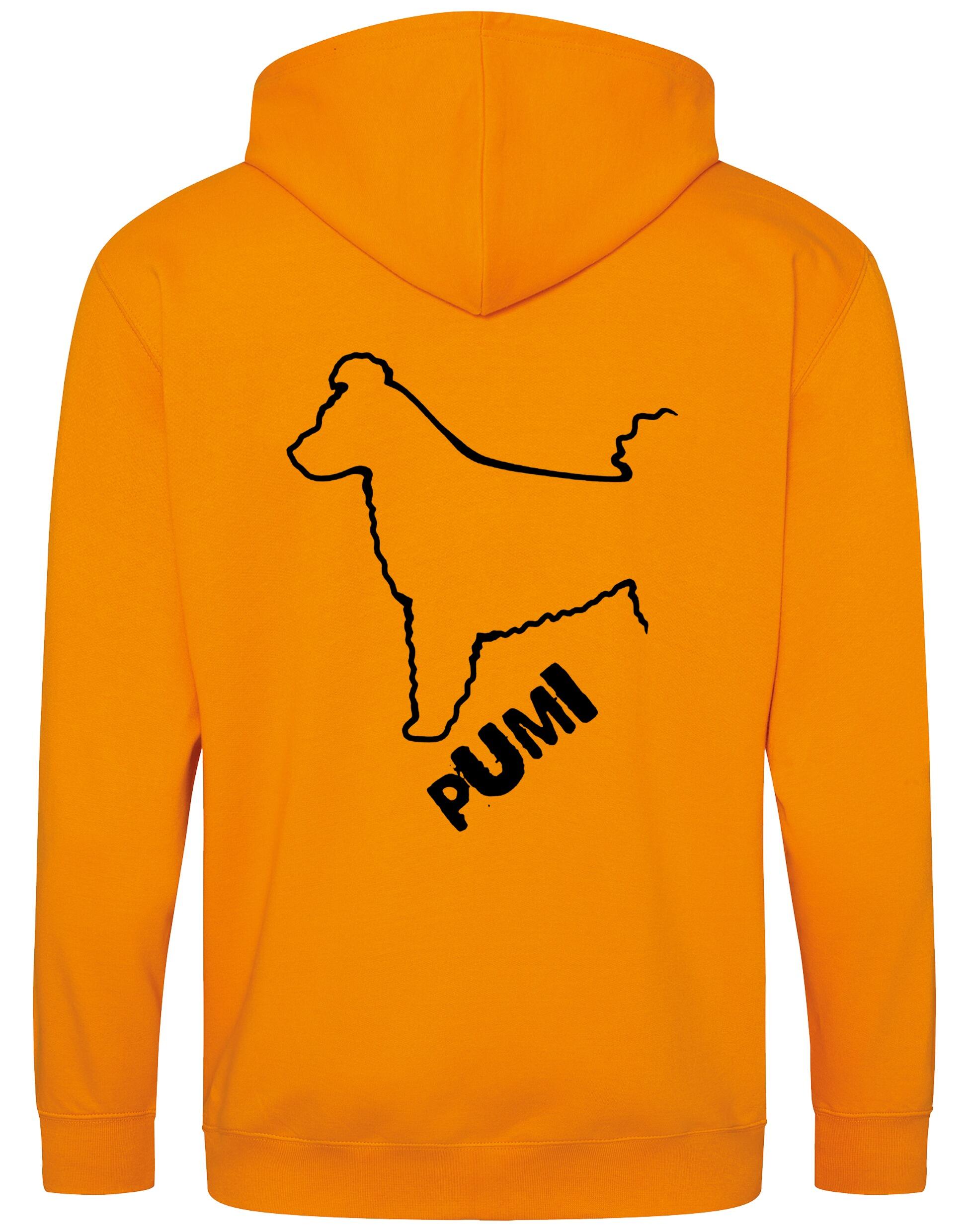 Unisex Hungarian Pumi Zipped Hoodie featuring exclusive breed artwork with personalization options, crafted from premium heavy-blend fabric with a cozy brushed fleece interior, full-zip closure, and a spacious kangaroo pocket for stylish, comfortable outdoor wear.