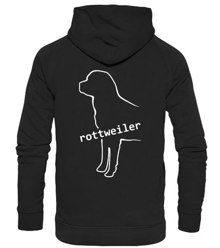 Rottweiler Design Pullover Hoodie featuring exclusive breed artwork, soft fleece interior, durable heavy-blend fabric, kangaroo pouch pocket, ribbed cuffs, and double-fabric hood with personalization options.