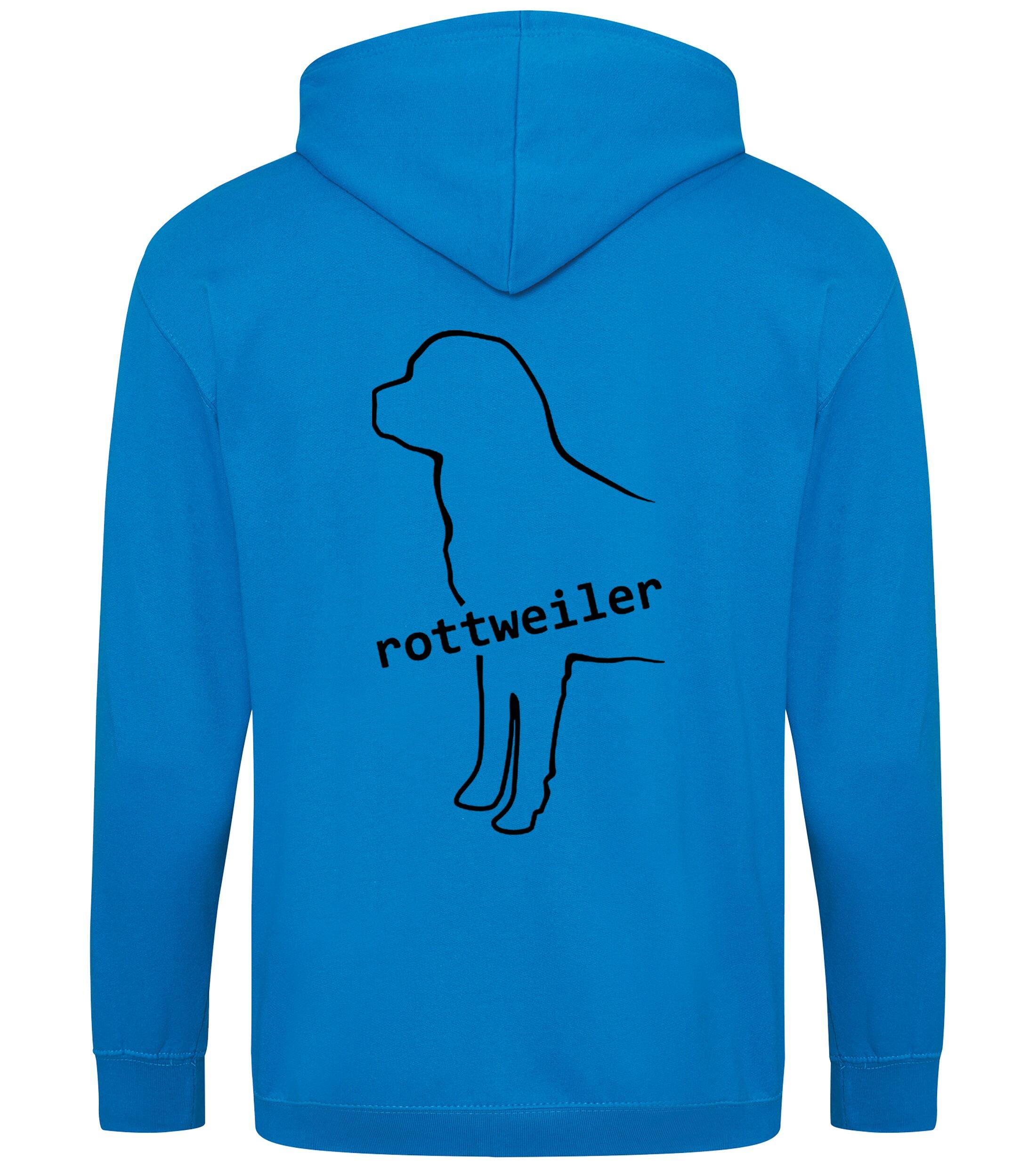 Rottweiler Zipped Hoodie featuring exclusive breed artwork, soft fleece interior, heavy-blend fabric, full-zip closure, double-fabric hood, spacious front pockets, and personalization options for breed enthusiasts.