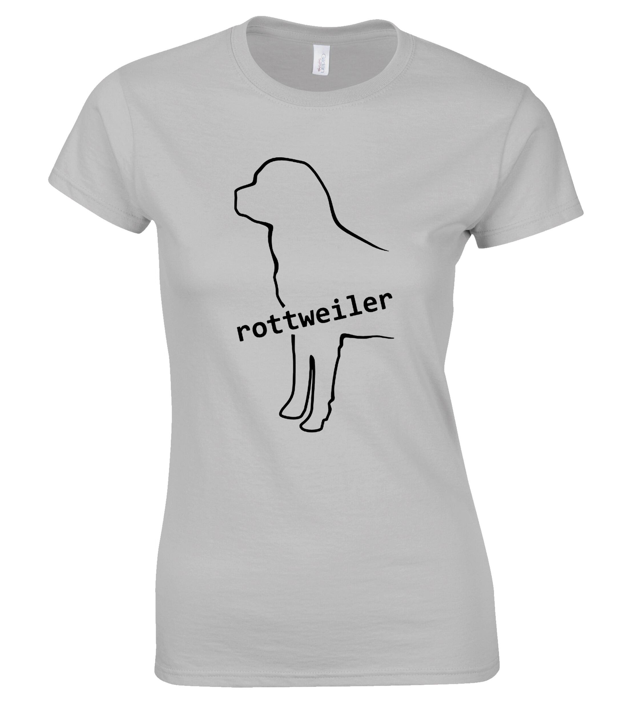 Rottweiler Female Roundneck T-shirt featuring exclusive breed artwork, soft breathable cotton fabric, flattering feminine fit, and classic round neckline for comfort and style.