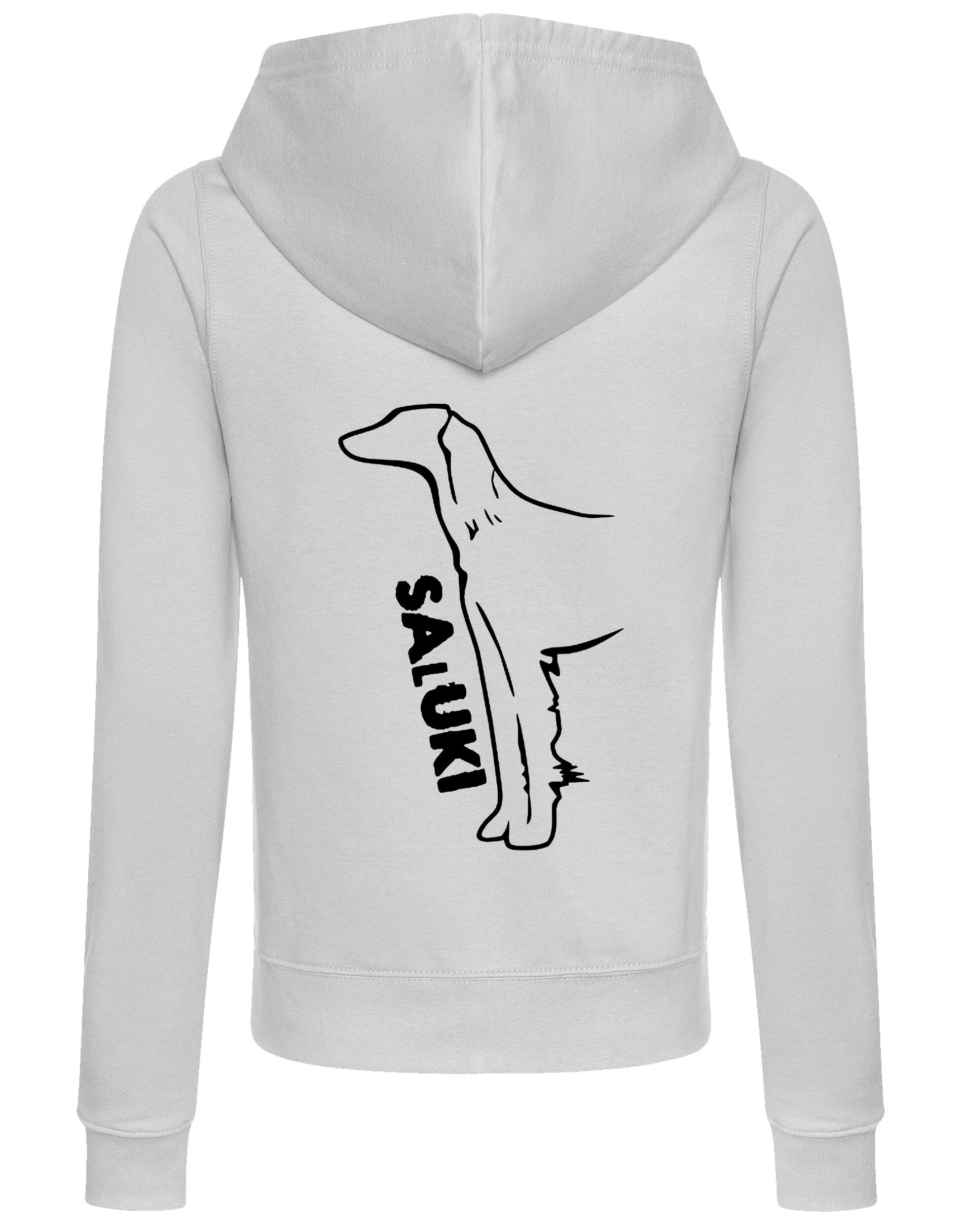 Saluki Women’s Zipped Hoodie featuring exclusive breed artwork, soft breathable fabric, flattering feminine fit, full-zip closure, cozy hood, and practical front pockets for breed enthusiasts.