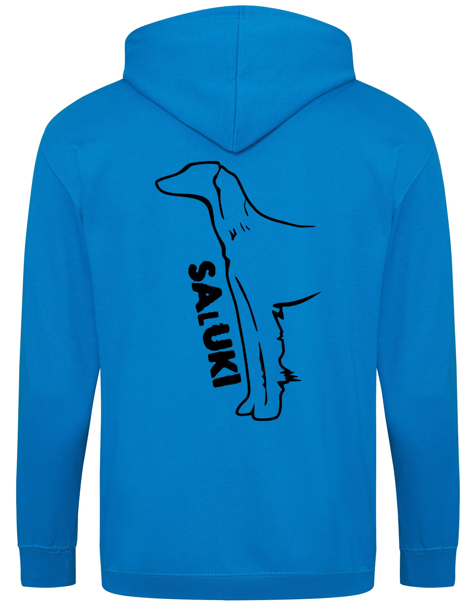 Saluki Zipped Hoodie featuring exclusive breed artwork, soft fleece interior, heavy-blend fabric, full-zip closure, double-fabric hood, spacious front pockets, and personalization options for breed enthusiasts.