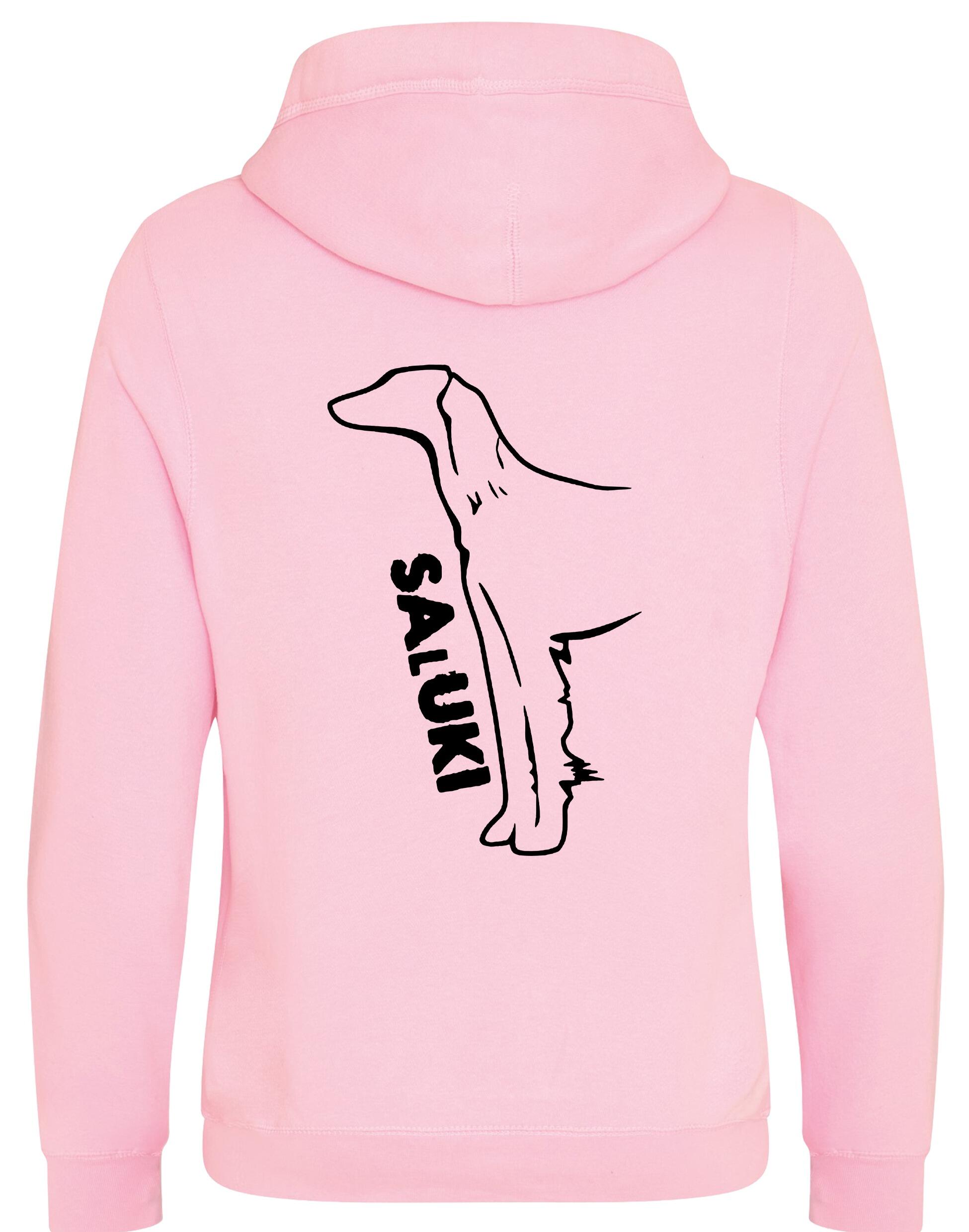 Saluki Crossneck Pullover Hoodie featuring exclusive breed artwork, soft fleece interior, heavy-blend fabric, modern crossneck design, kangaroo pocket, ribbed cuffs and hem, and relaxed unisex fit for breed enthusiasts.