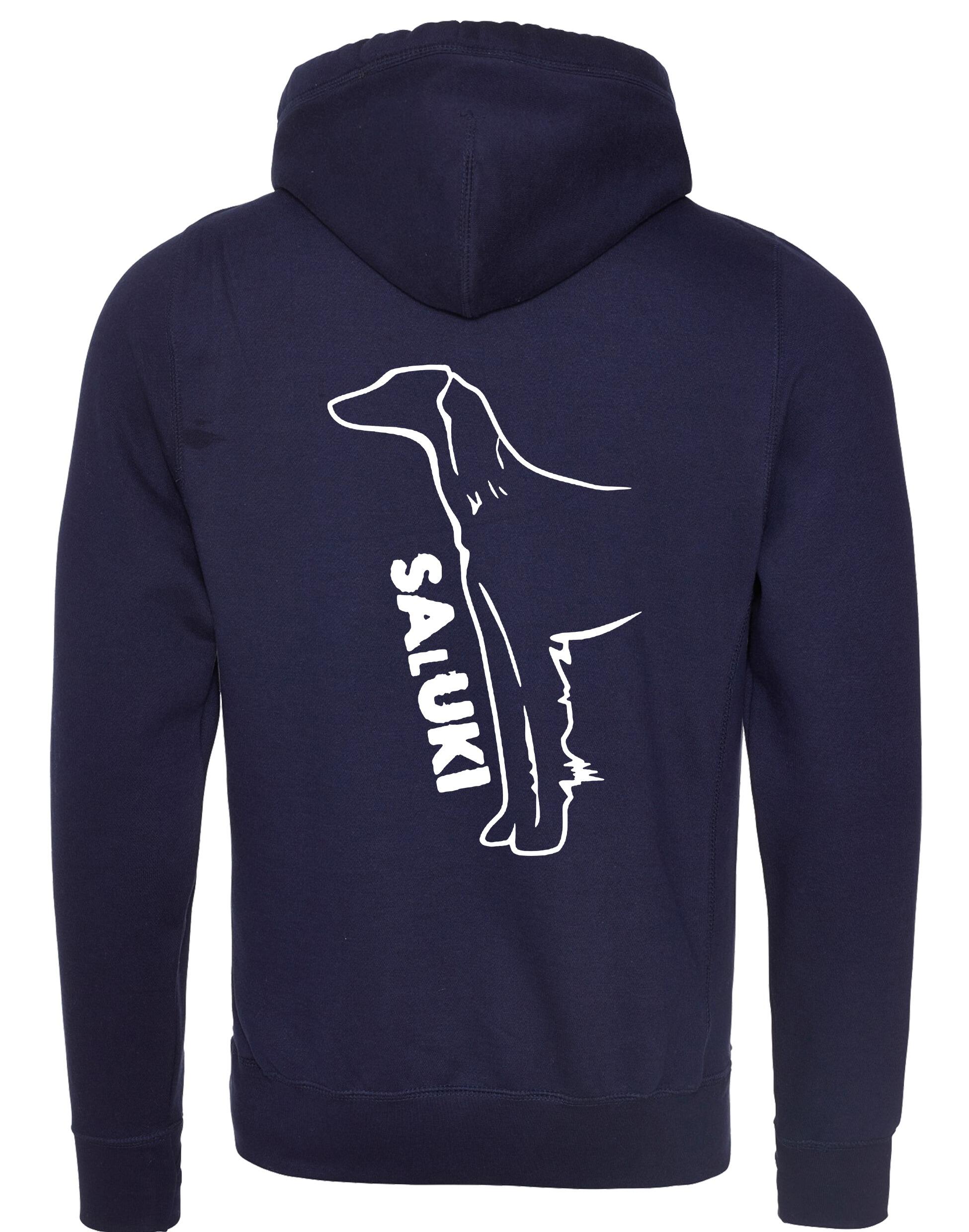 Saluki Crossneck Pullover Hoodie featuring exclusive breed artwork, soft fleece interior, heavy-blend fabric, modern crossneck design, kangaroo pocket, ribbed cuffs and hem, and relaxed unisex fit for breed enthusiasts.