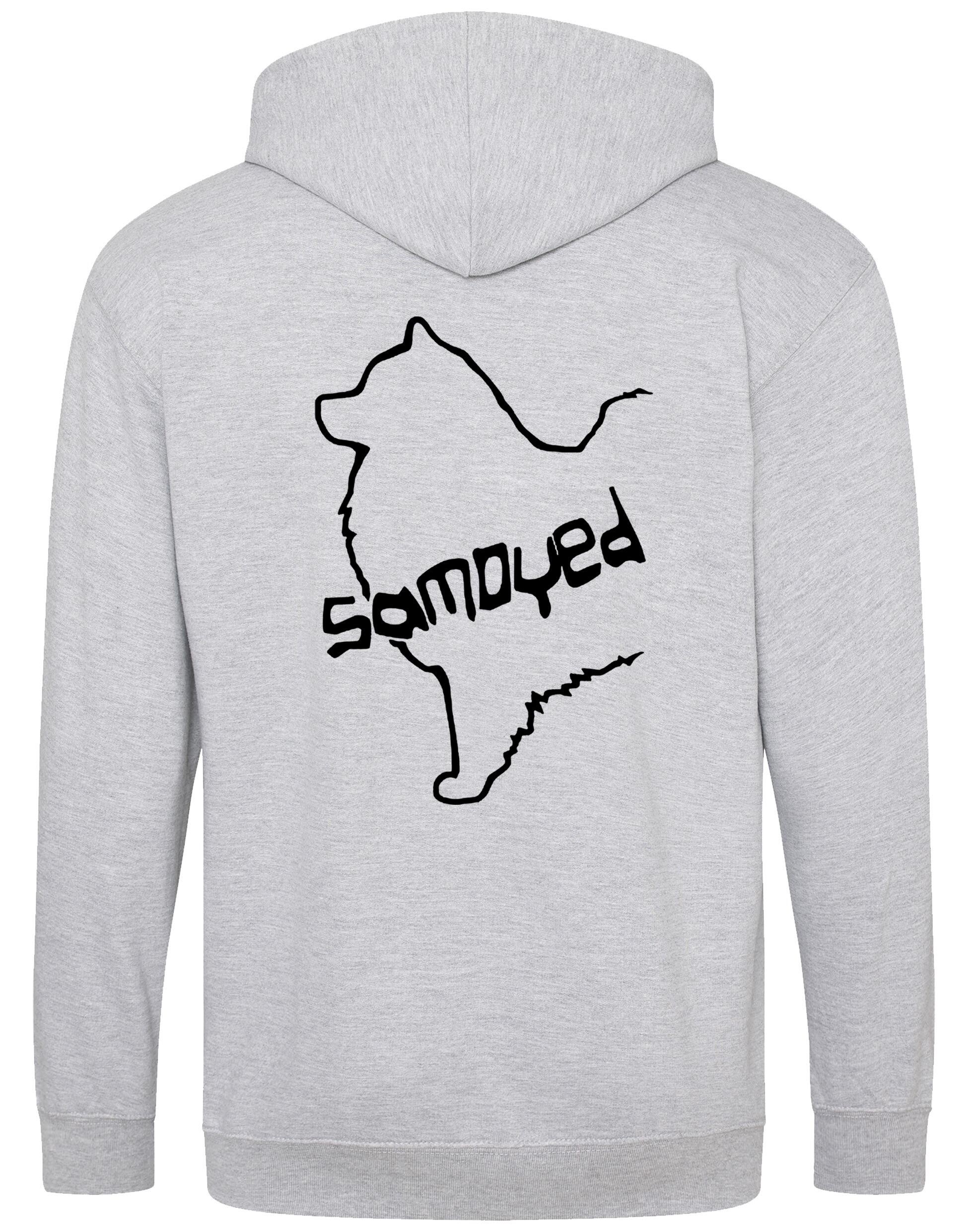Samoyed Zipped Hoodie featuring exclusive breed artwork, soft fleece interior, heavy-blend fabric, full-zip front, double-fabric hood, spacious front pockets, and personalization options for breed enthusiasts.