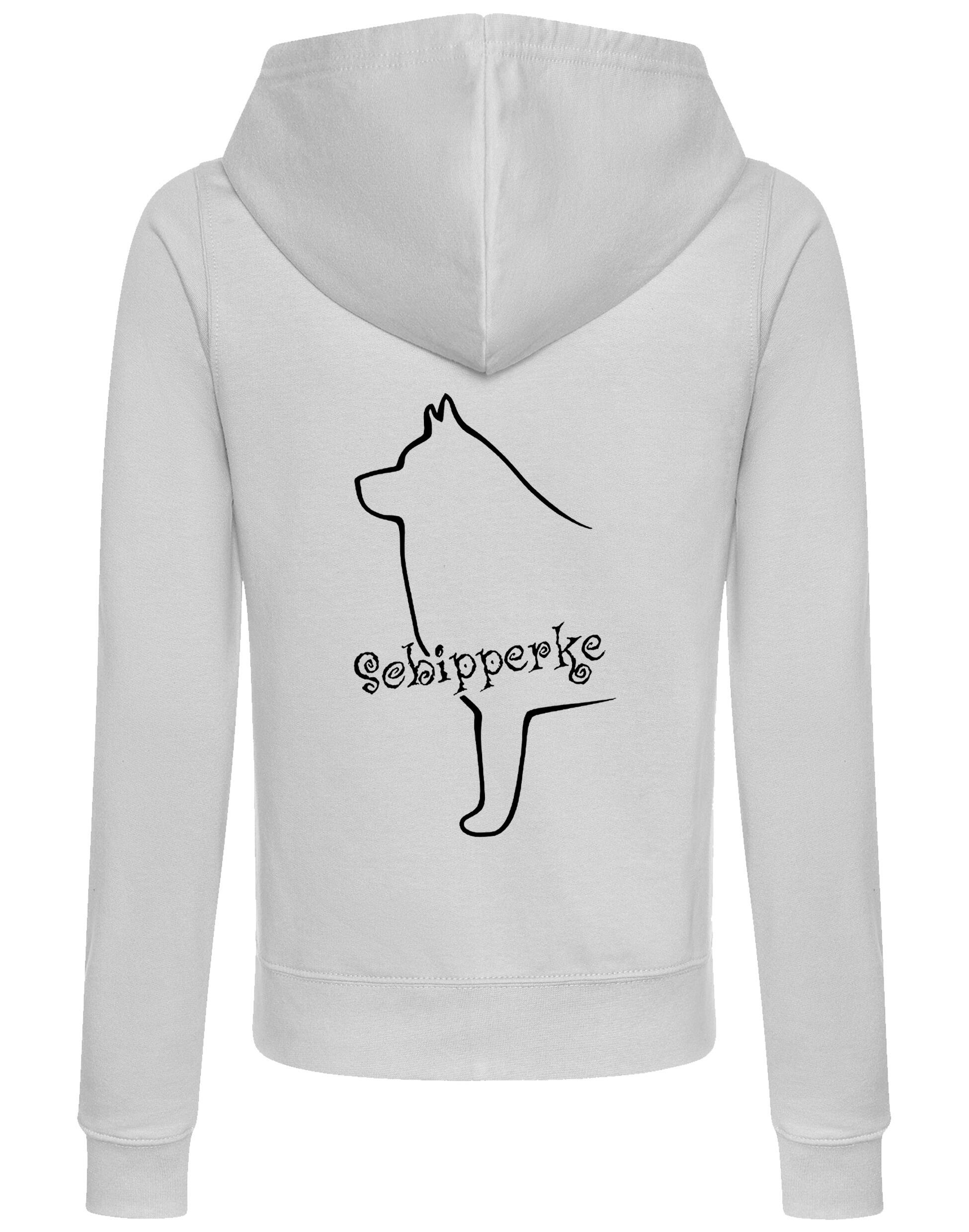 Women's zipped hoodie featuring exclusive Schipperke design, showcasing a detailed breed graphic on the back, with a cozy hood and practical front pockets.