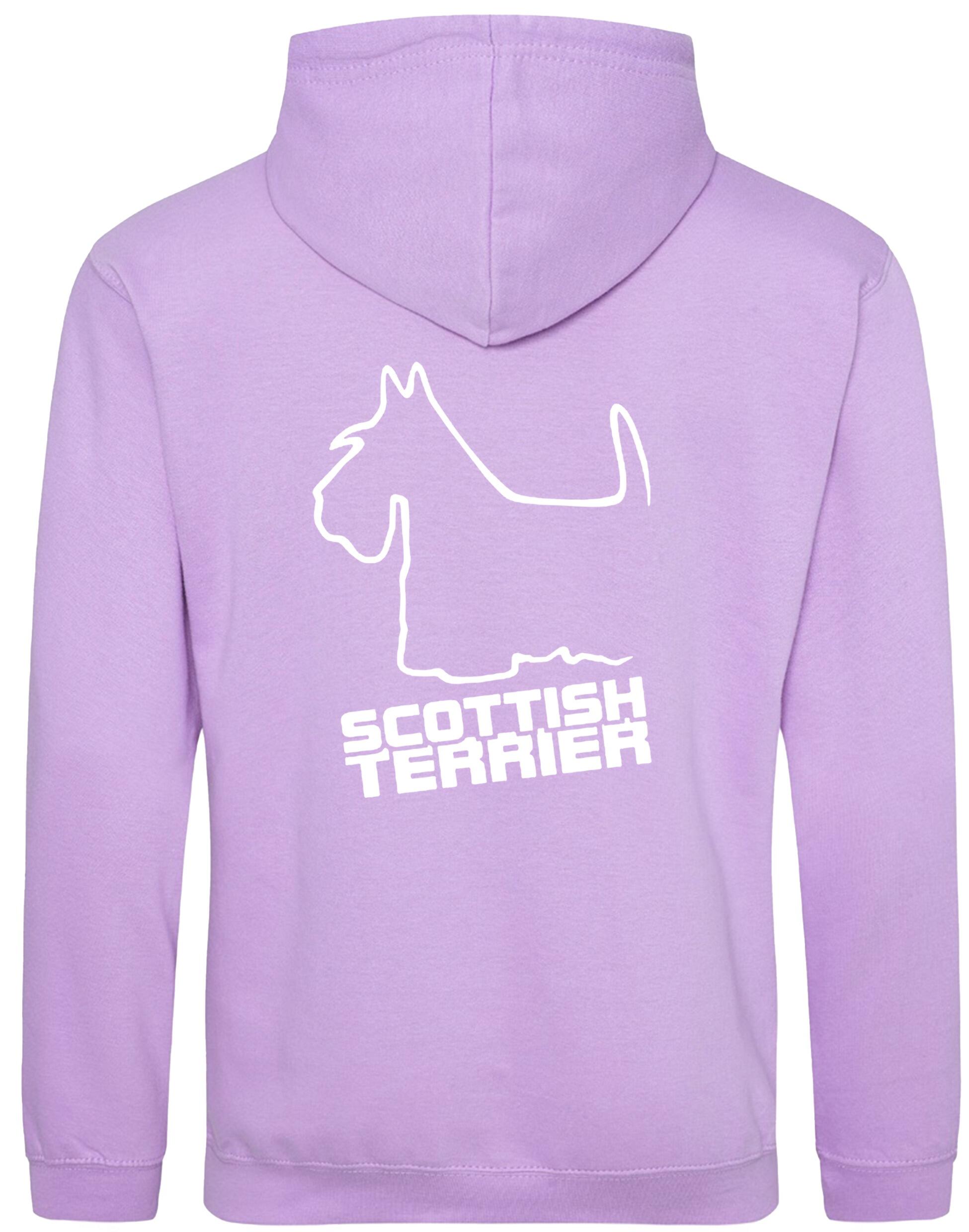Scottish Terrier Design Pullover Hoodie with exclusive artwork, heavy-blend fabric, double-fabric hood, and paw print detail.