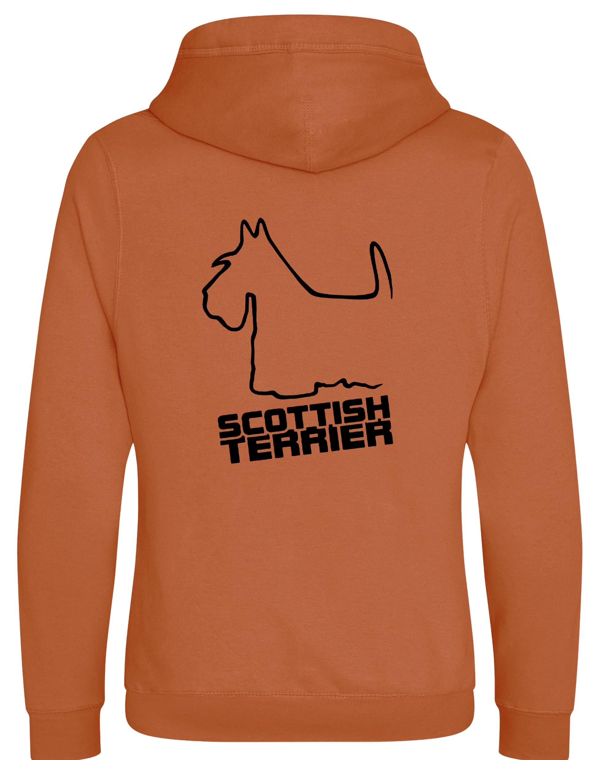Scottish Terrier Crossneck Pullover Hoodie with exclusive breed artwork, modern crossneck design, brushed fleece lining, and kangaroo pocket.