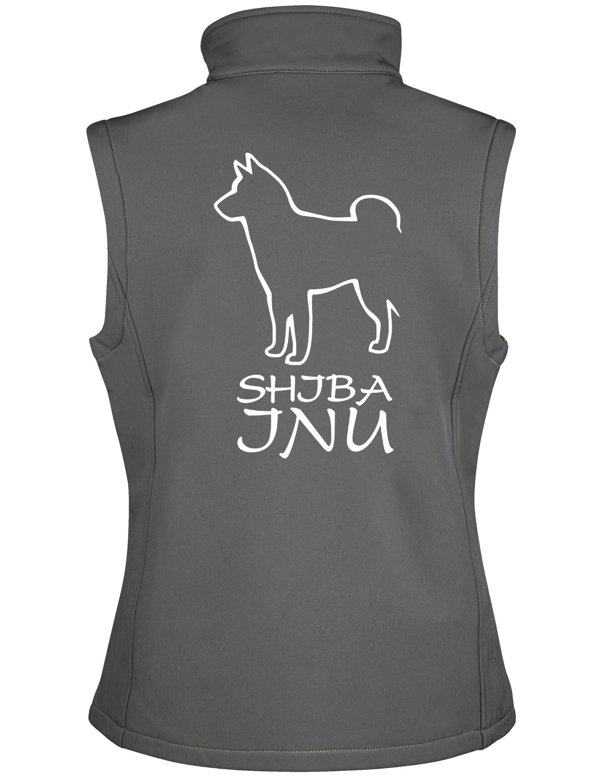 Women’s softshell gilet featuring exclusive Shiba Inu artwork on the back, water-resistant fabric, fleece lining, and a flattering feminine fit ideal for dog walking and everyday outdoor wear.
