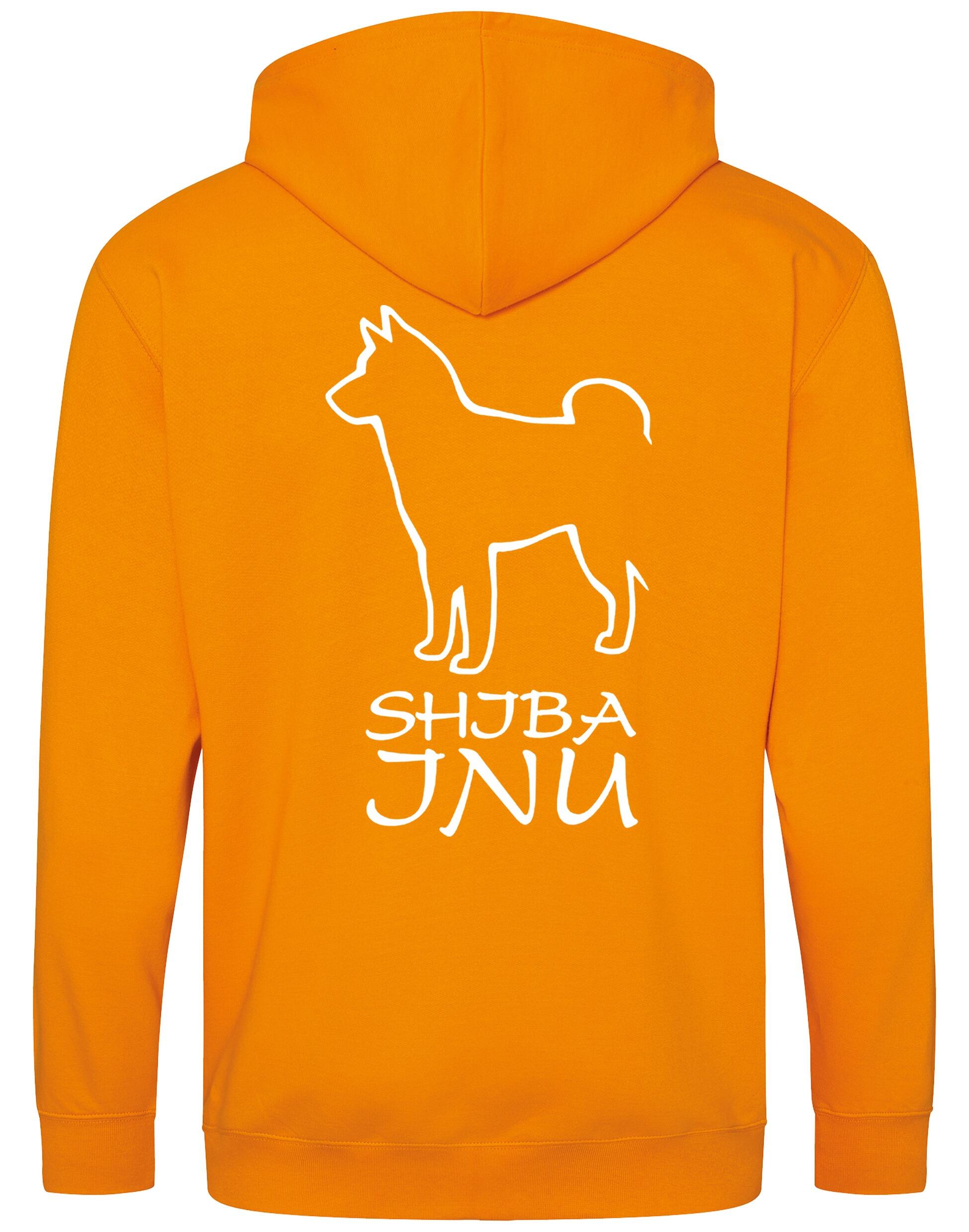 Unisex zipped hoodie featuring exclusive Shiba Inu artwork on the back, paw prints on the front, full-length zip, cozy brushed fleece lining, and front pockets – ideal for breed enthusiasts.