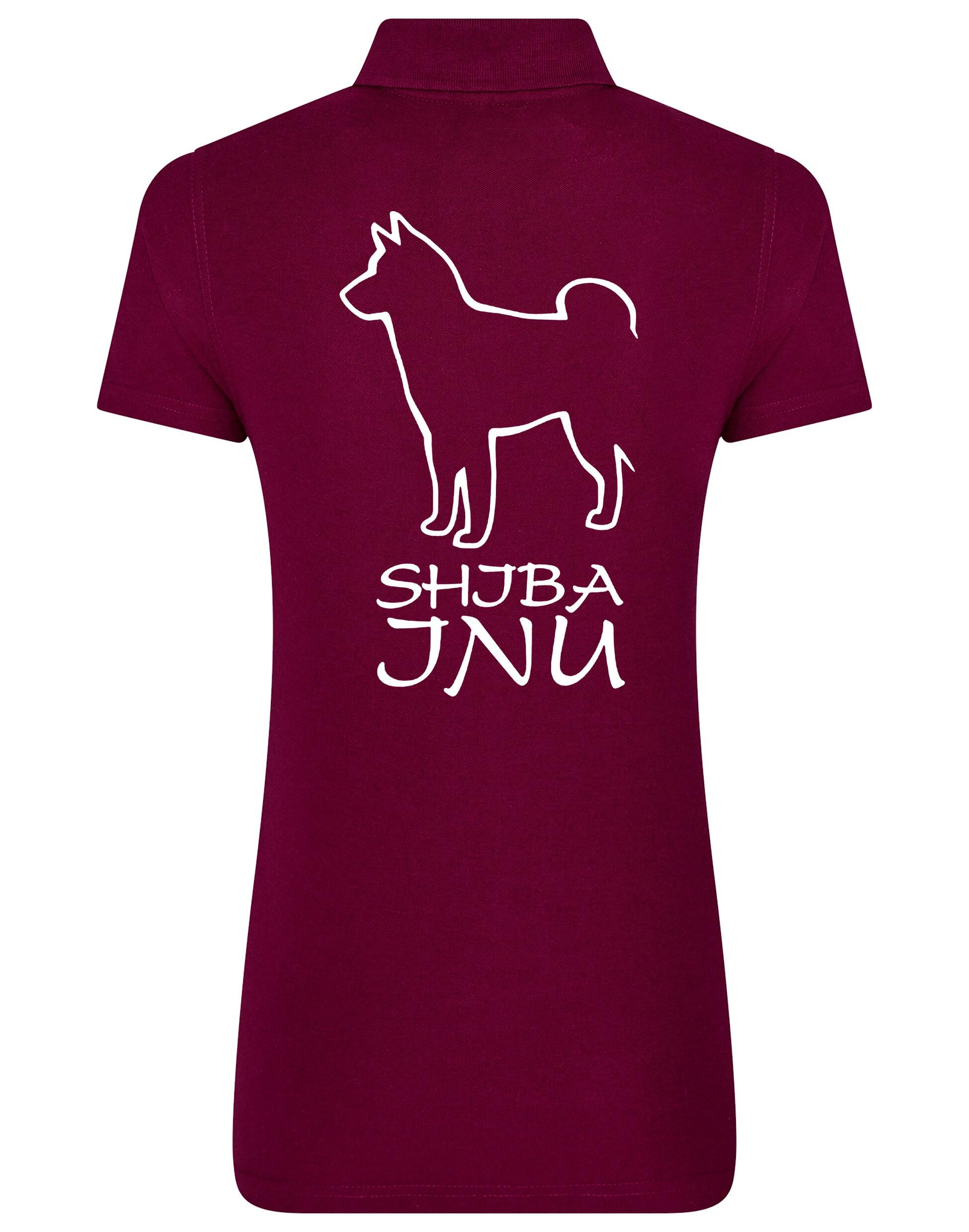 Women's cotton polo shirt featuring exclusive Shiba Inu artwork on the back, designed with a flattering feminine fit and breathable fabric, ideal for casual outings and breed events.