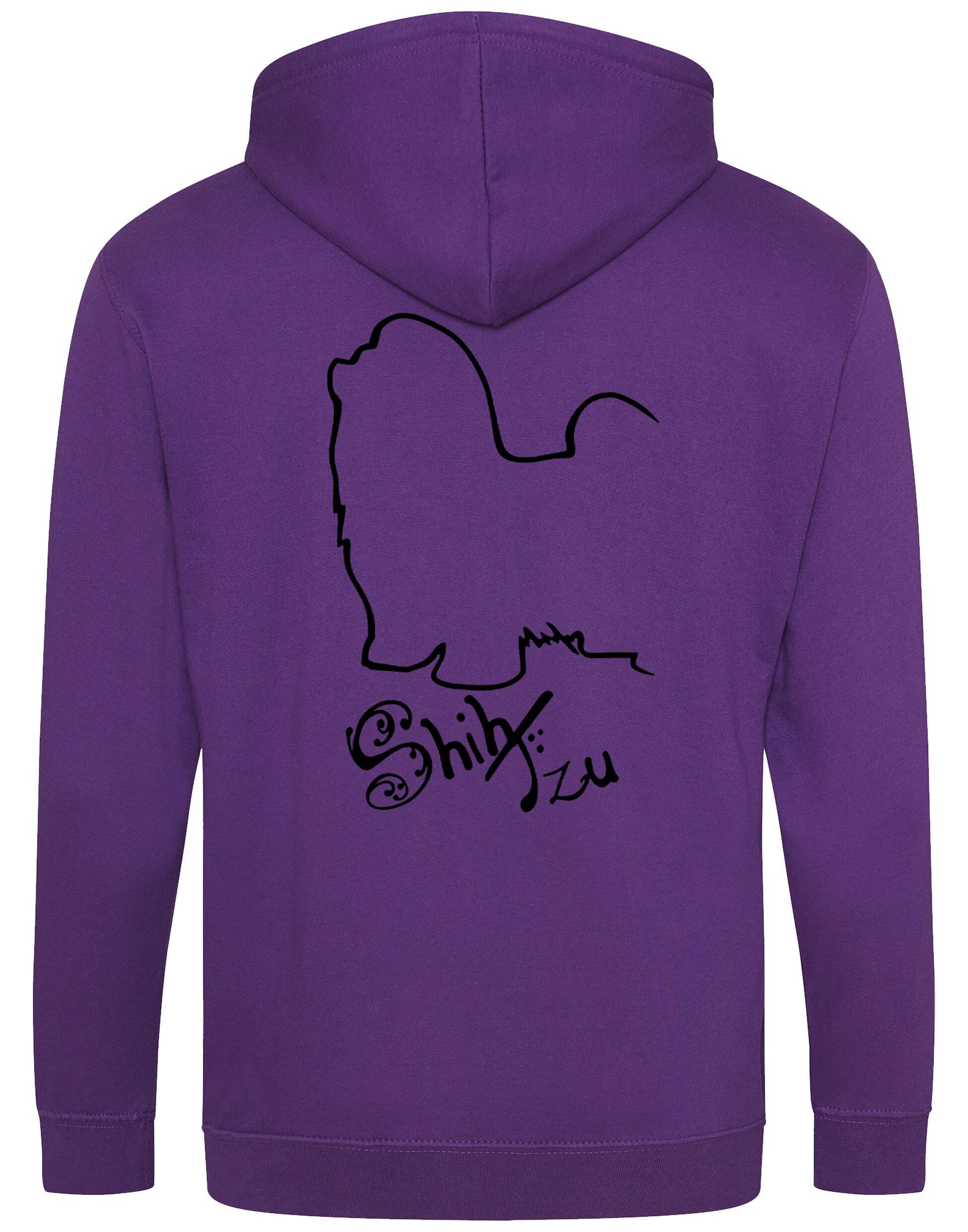Shih Tzu zipped hoodie with paw prints on the front and detailed breed design on the back, full-zip style with hood and pockets, perfect for breed lovers.