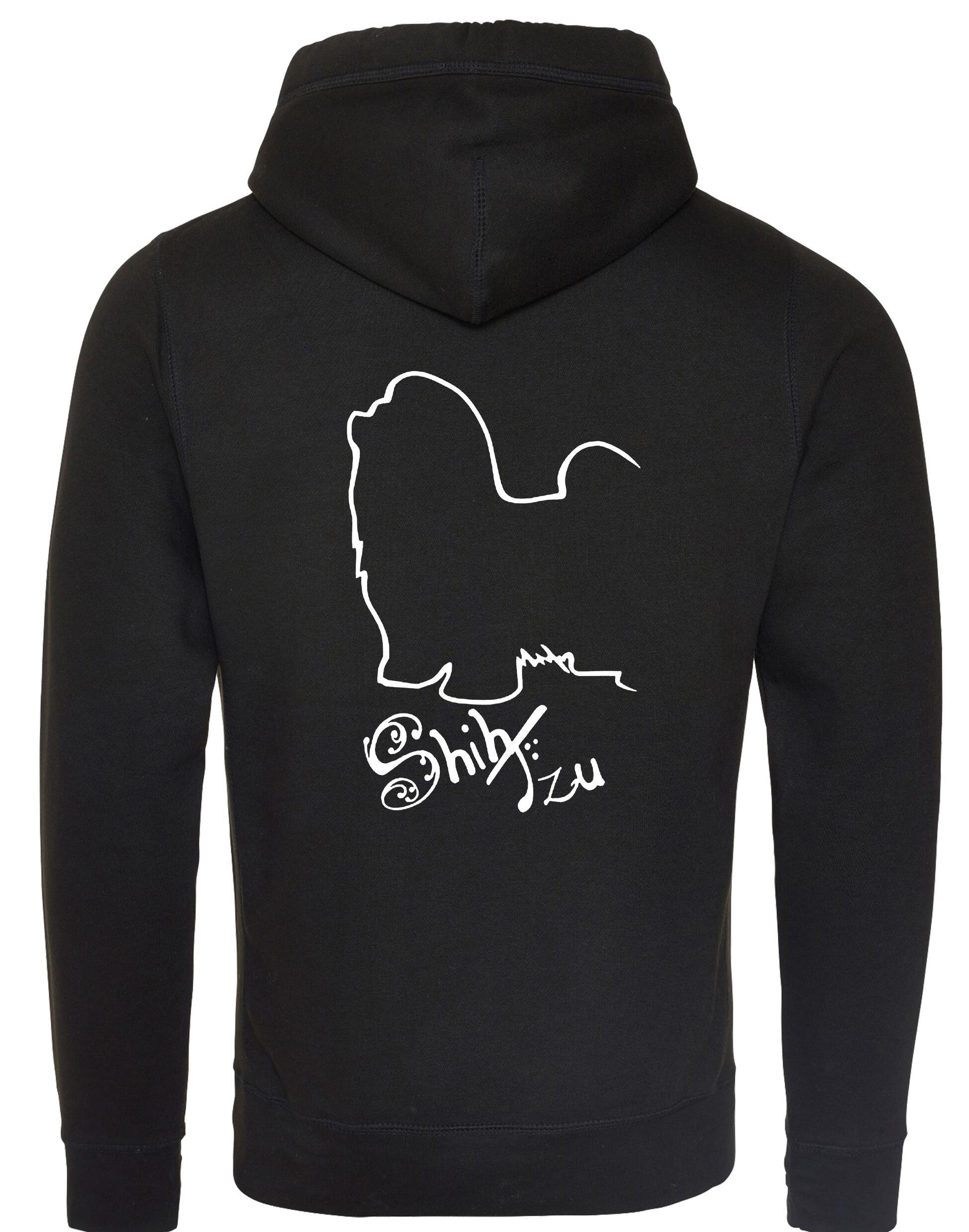 Unisex Shih Tzu crossneck hoodie with fleece lining and detailed breed design on the back, featuring kangaroo pocket and modern collar style.
