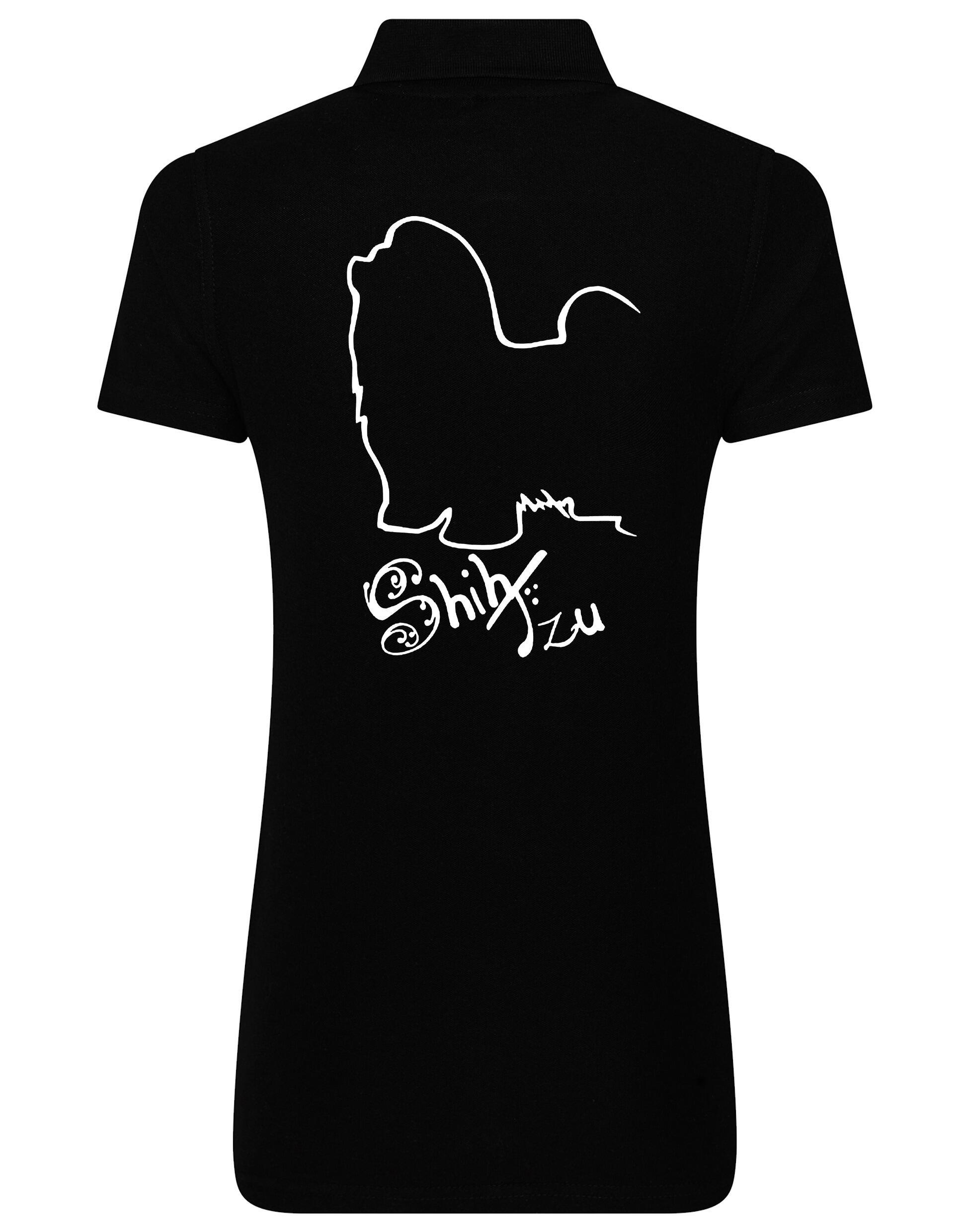 Women’s cotton polo shirt featuring exclusive Shih Tzu artwork on the back, with a flattering feminine fit, breathable fabric, and classic collar—ideal for casual wear or dog events.