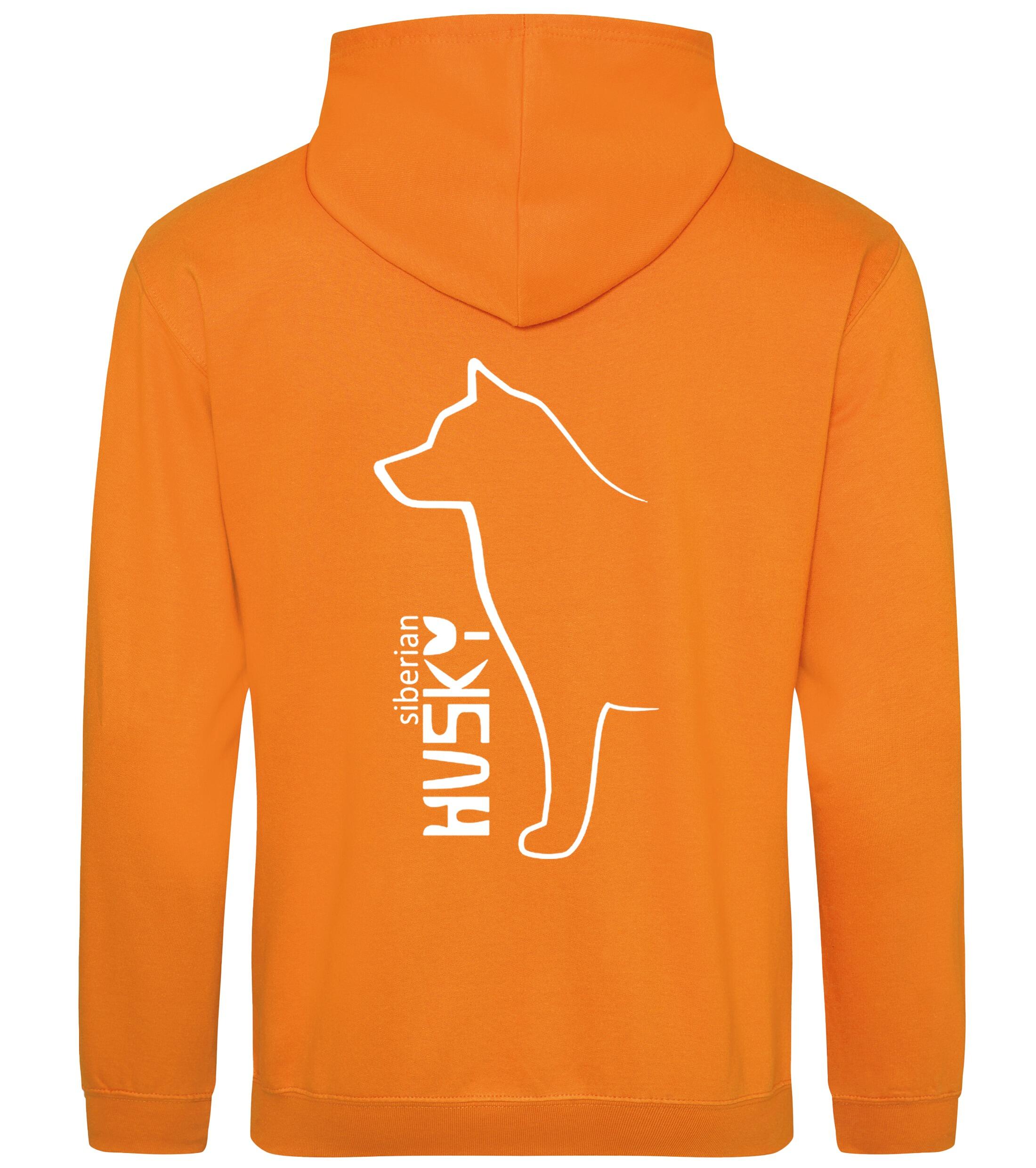 Unisex pullover hoodie featuring a detailed Siberian Husky design on the back with paw prints on the front, brushed fleece interior, double-fabric hood, and kangaroo pocket – ideal for dog walks, events, or lounging in style.