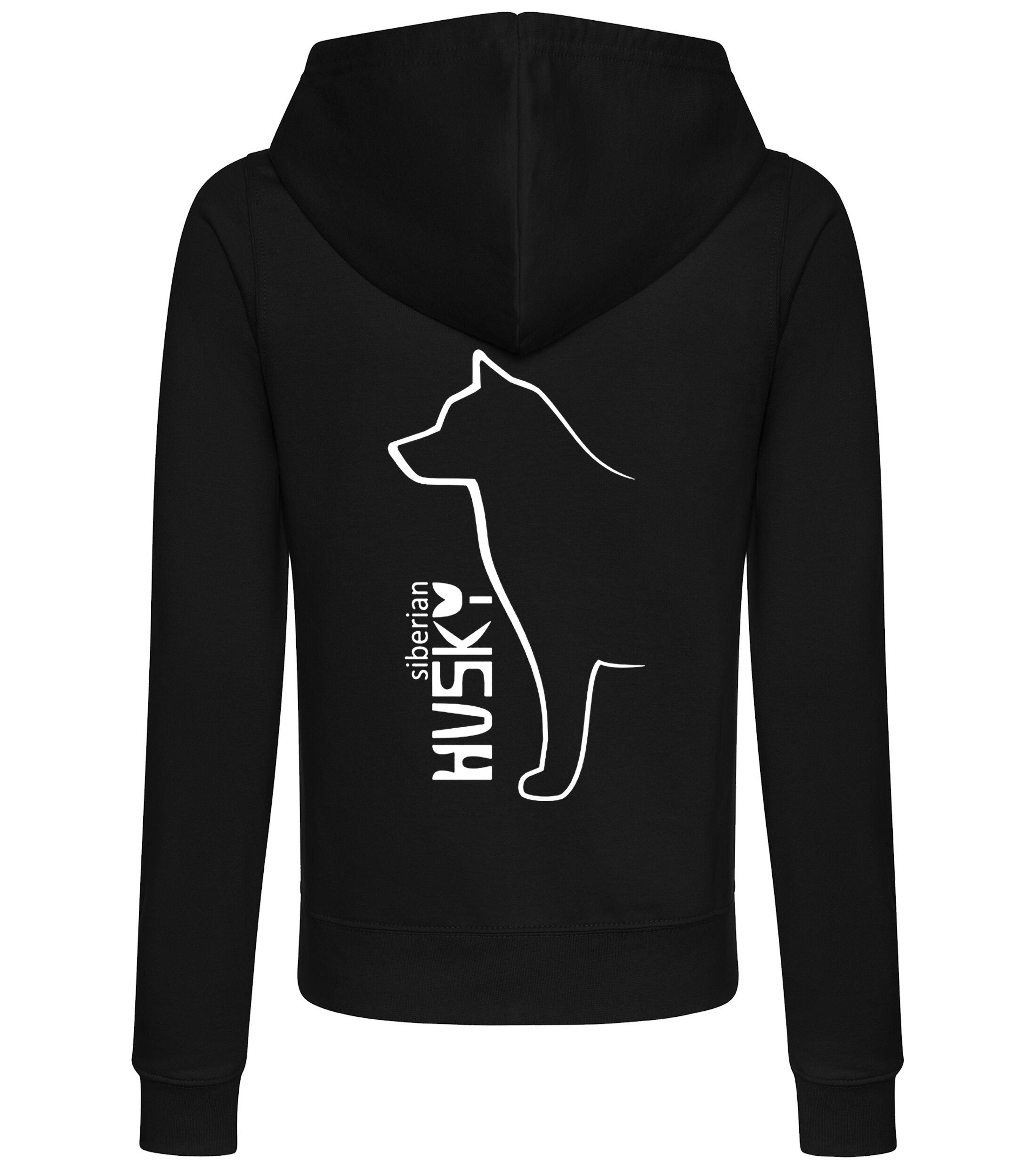 Women’s zipped hoodie featuring exclusive Siberian Husky artwork on the back, soft breathable fabric, a feminine fit, practical front pockets, and a snug hood—ideal for daily wear, dog shows, or relaxing with your Husky.