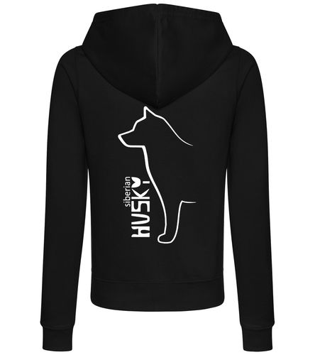 Women’s zipped hoodie featuring exclusive Siberian Husky artwork on the back, soft breathable fabric, a feminine fit, practical front pockets, and a snug hood—ideal for daily wear, dog shows, or relaxing with your Husky.